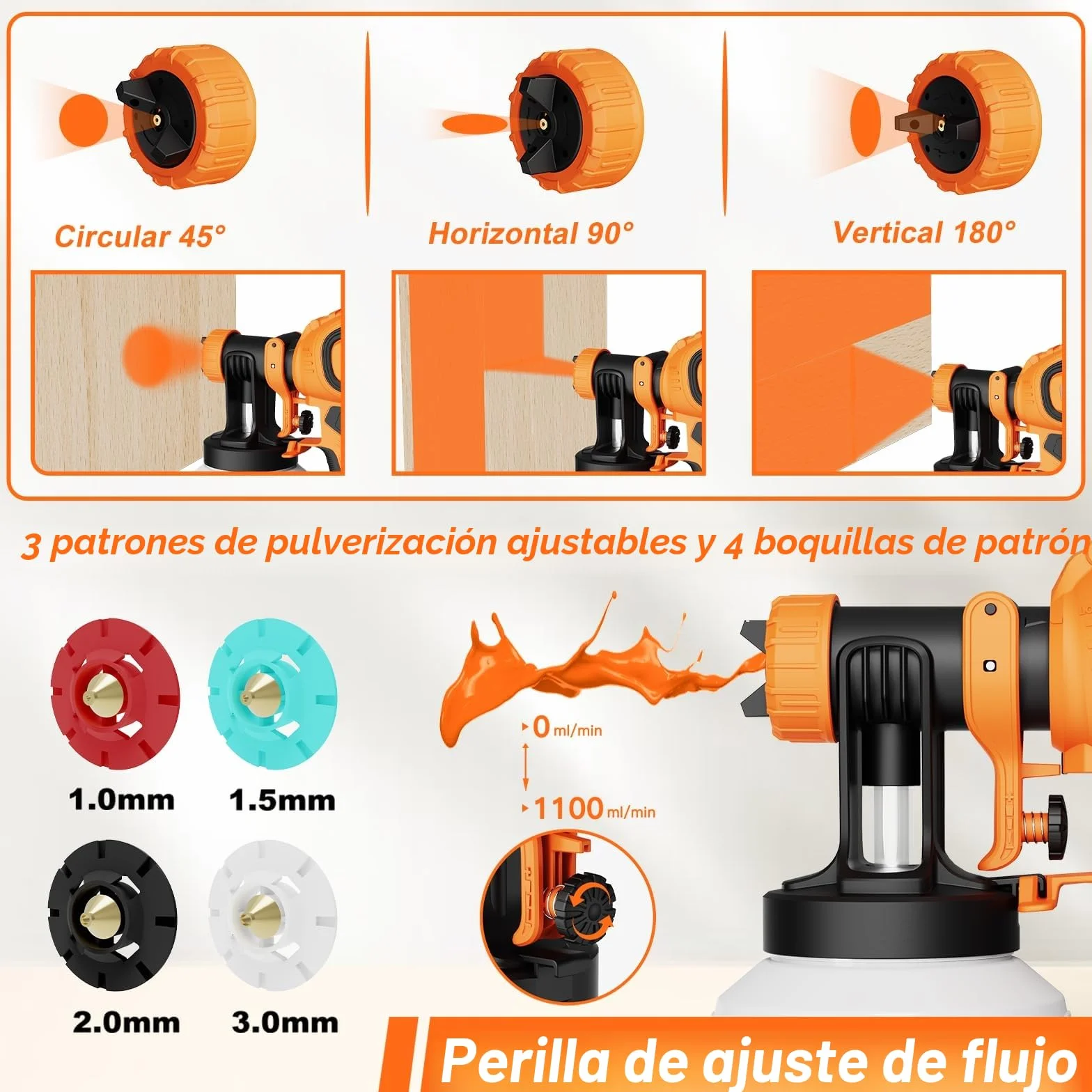 Pulverizador de Pintura HVLP 700 W, Pulverizador Eléctrico con DepóSito de 1200 ML, Flujo de 1000 Ml/Min, 4 Boquillas y 3 Patrones de Pulverización, Incluye Boquillas de Limpieza y Soplado de Polvo