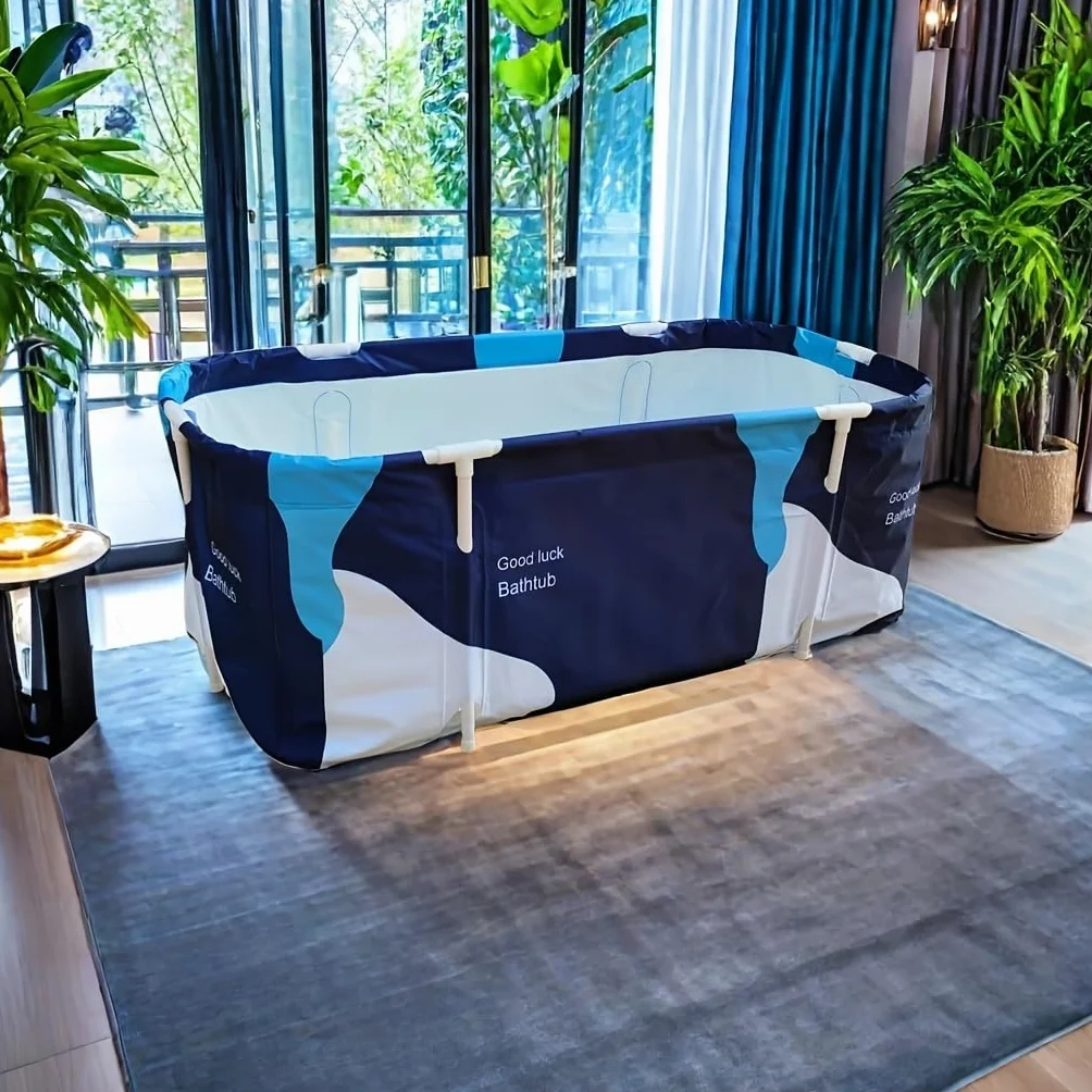 Bañera plegable para adultos, 140 x 60 x 50 cm, baño de spa móvil con aislamiento de 6 capas, bandeja de ducha plegable para spa en casa, jardín y apartamento pequeño, azul y blanco