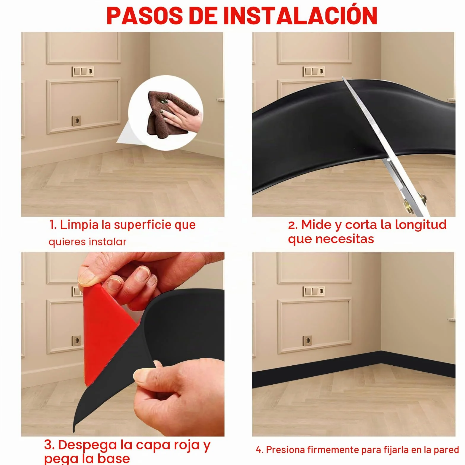 MENAYODA Rodapié blando de PVC, Listón adhesivo de 10 cm de ancho, Listón decorativo flexible con pliegues en forma de S para cubrir juntas en las esquinas (12m, Negro)
