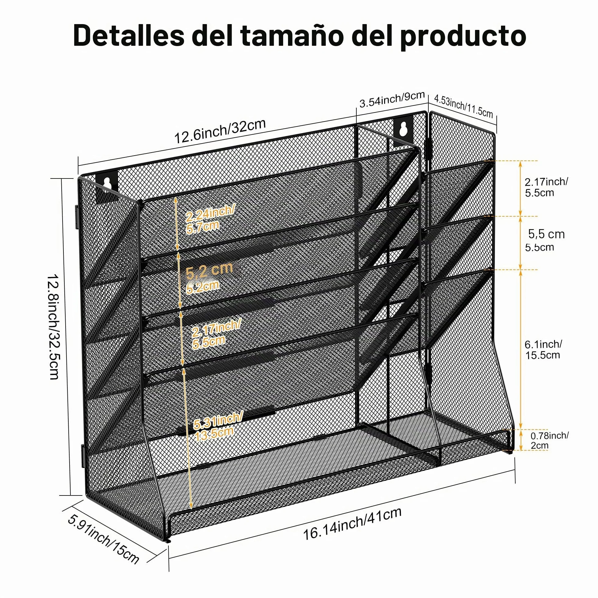 TQVAI Revistero Pared Malla Metálica 5 Compartimentos Organizador Papeles A4 Colgante Negro