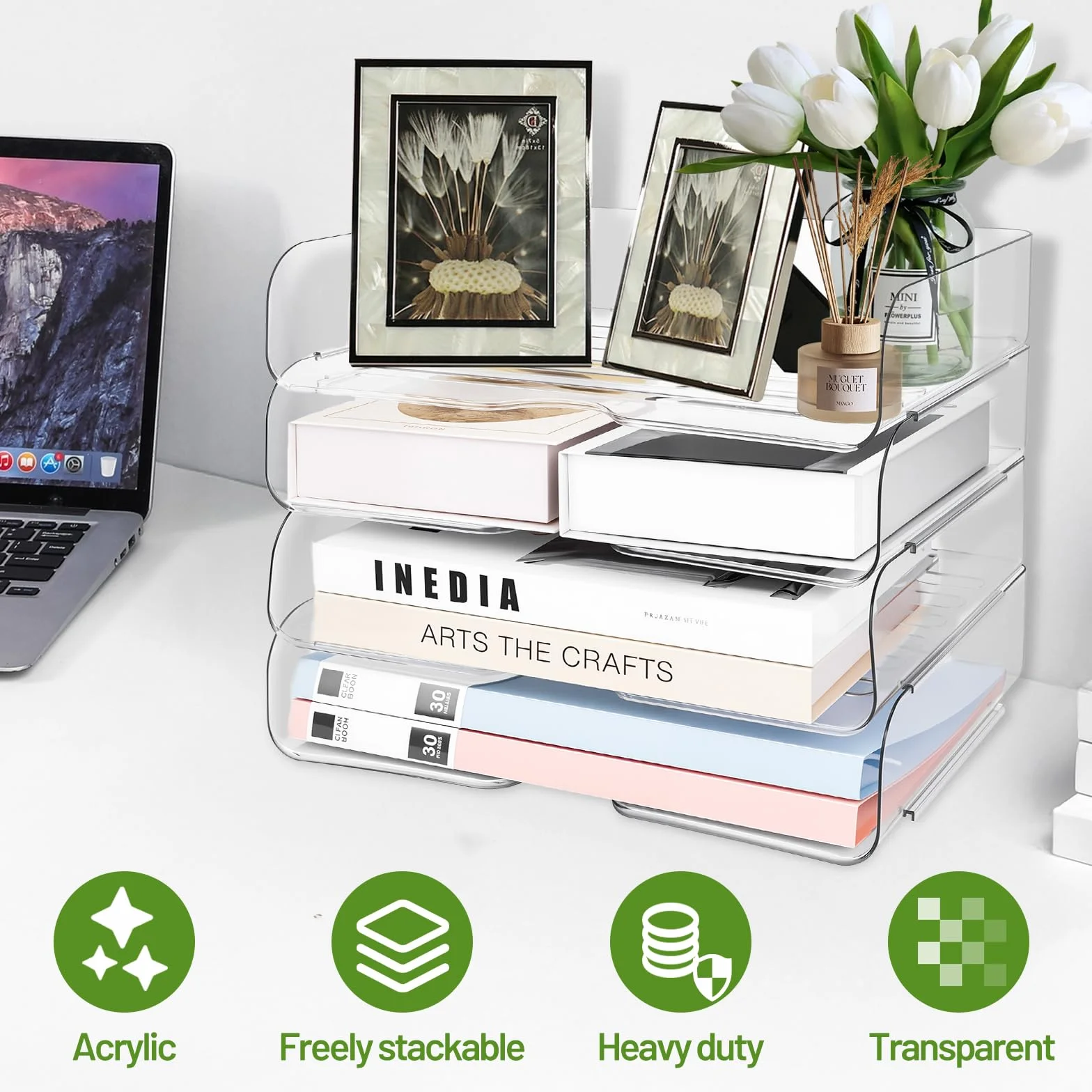 Organizador Escritorio Pet Apilable Bandeja Acrílico Transparente Papel Oficina