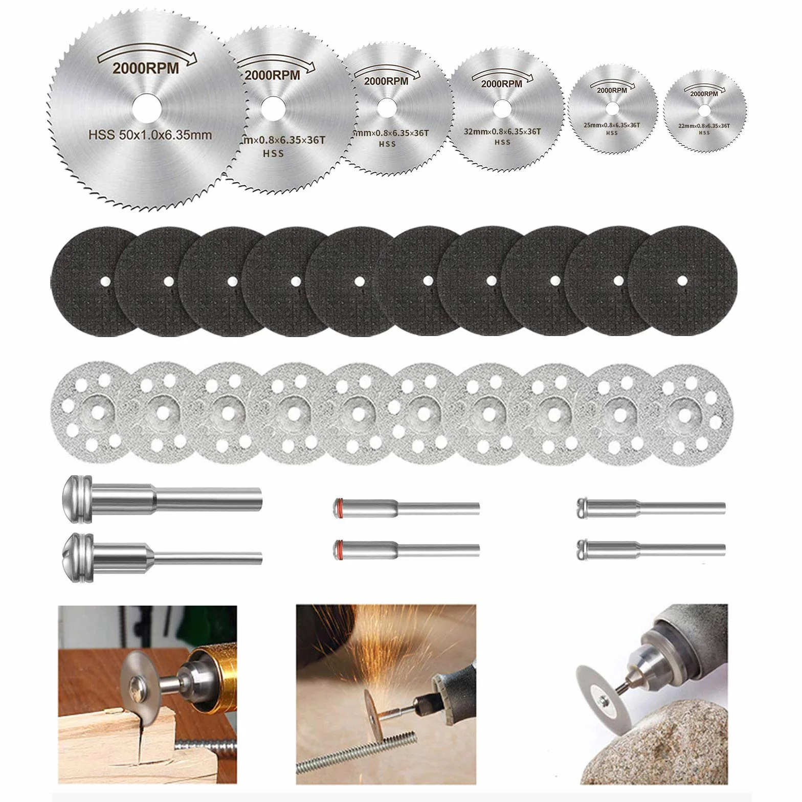 32 Piezas Discos de Corte para Dremel, Disco Corte Diamante & Mini Hoja de Sierra Circular HSS & Mini Disco de Corte de Resina (3mm Mandril) para Madera, Vidrio, Plástico, Piedra, Metal