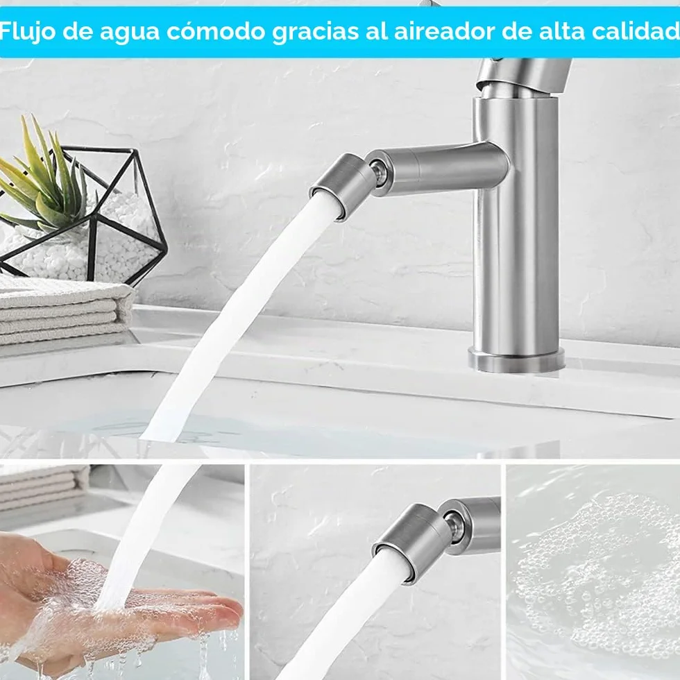 ONECE Grifo para Lavabo y Bidé, Mezclador de Baño con Rociador de Caño Giratorio, Grifería Monomando Cepillado, Aireador Extraíble, Agua Fría y Caliente, Acero Inoxidable 304
