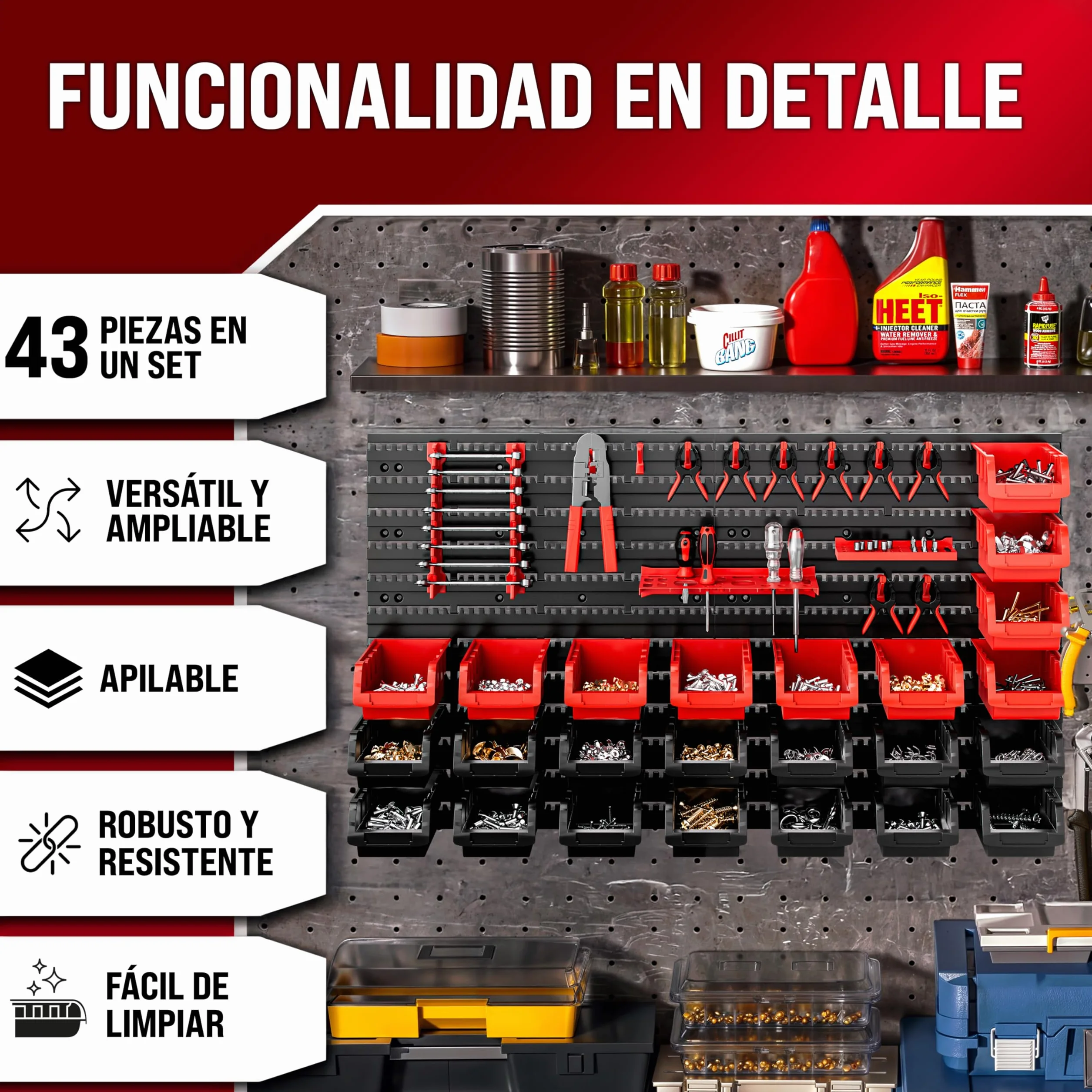DEUBA® Organizador de Herramientas de Pared Cajas Apilables Paneles Perforados Ampliable Portaherramientas Sistema Almacenamiento Taller 43 Pzas