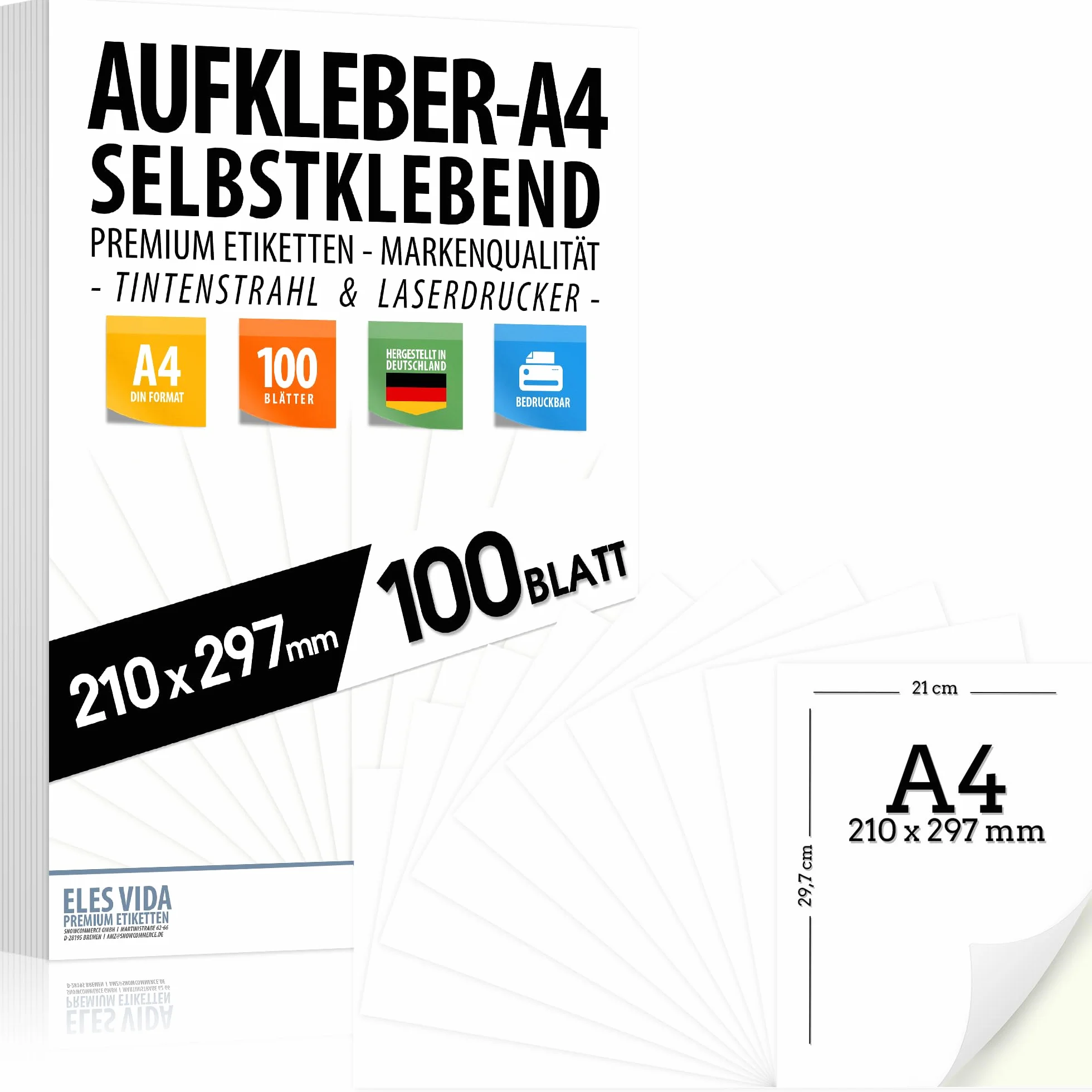 Etiquetas autoadhesivas DIN A4 210 x 297 mm, blancas mate, para impresoras de inyección de tinta y láser