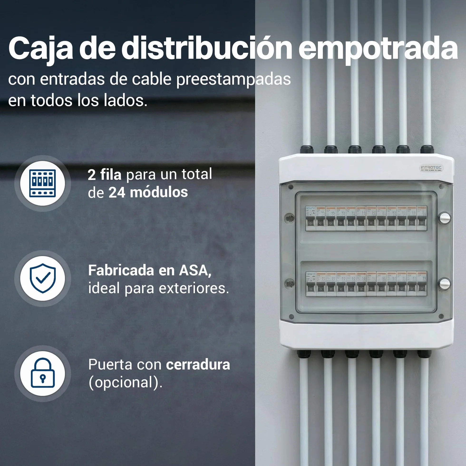 Intratec Caja de Distribución Superficie 2 Fila IP65 – Cuadro Eléctrico para 24 Módulos DIN – Caja de Subdistribución Estanca para Exterior Garaje Sótano Jardín – 400VAC 1500VDC, 318 x 384 x 144 mm