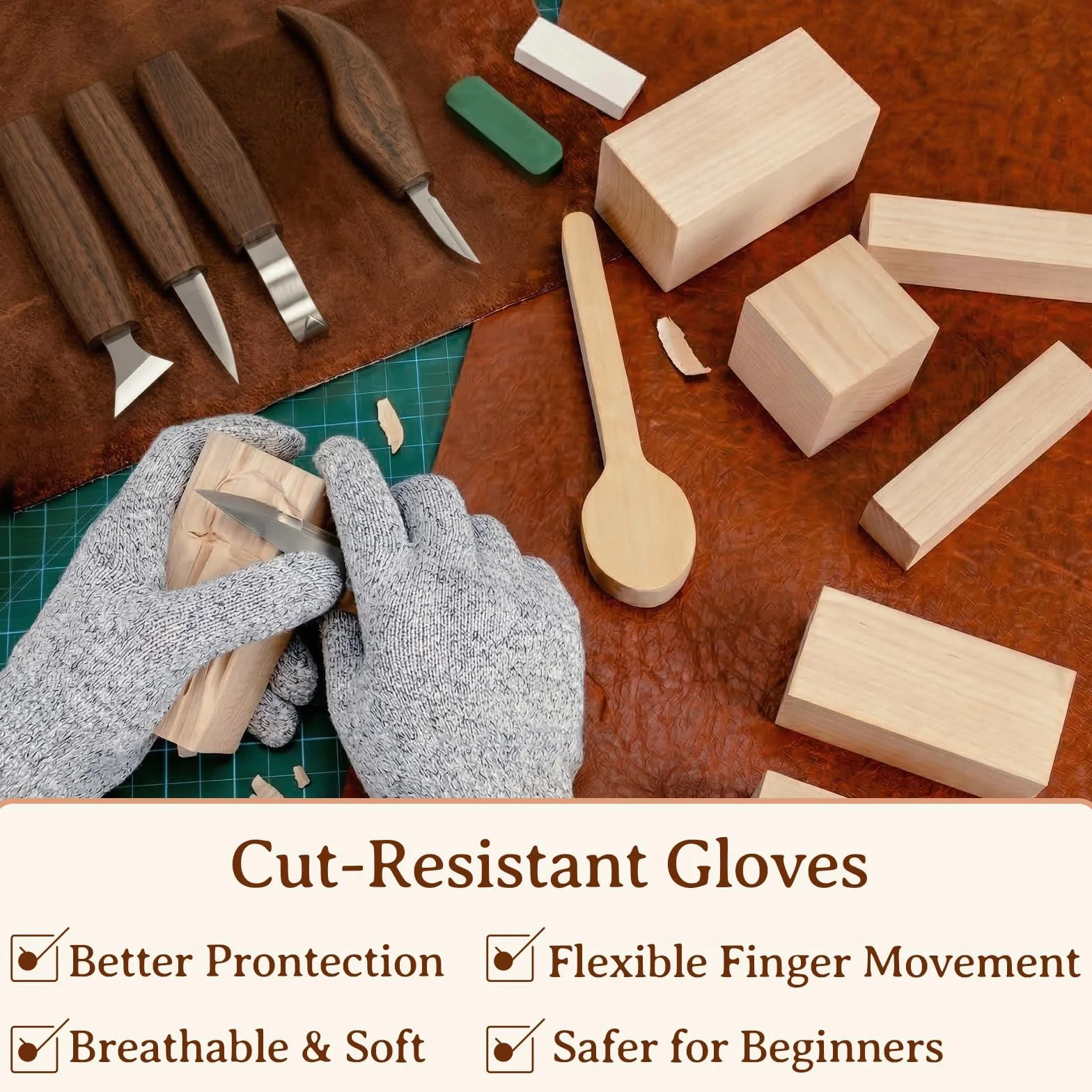 PUYUKO Kit de Tallado en Madera 26 Piezas con 5 Cuchillos, 8 Bloques de Tilo, Cuero de Afilar y Bolsa