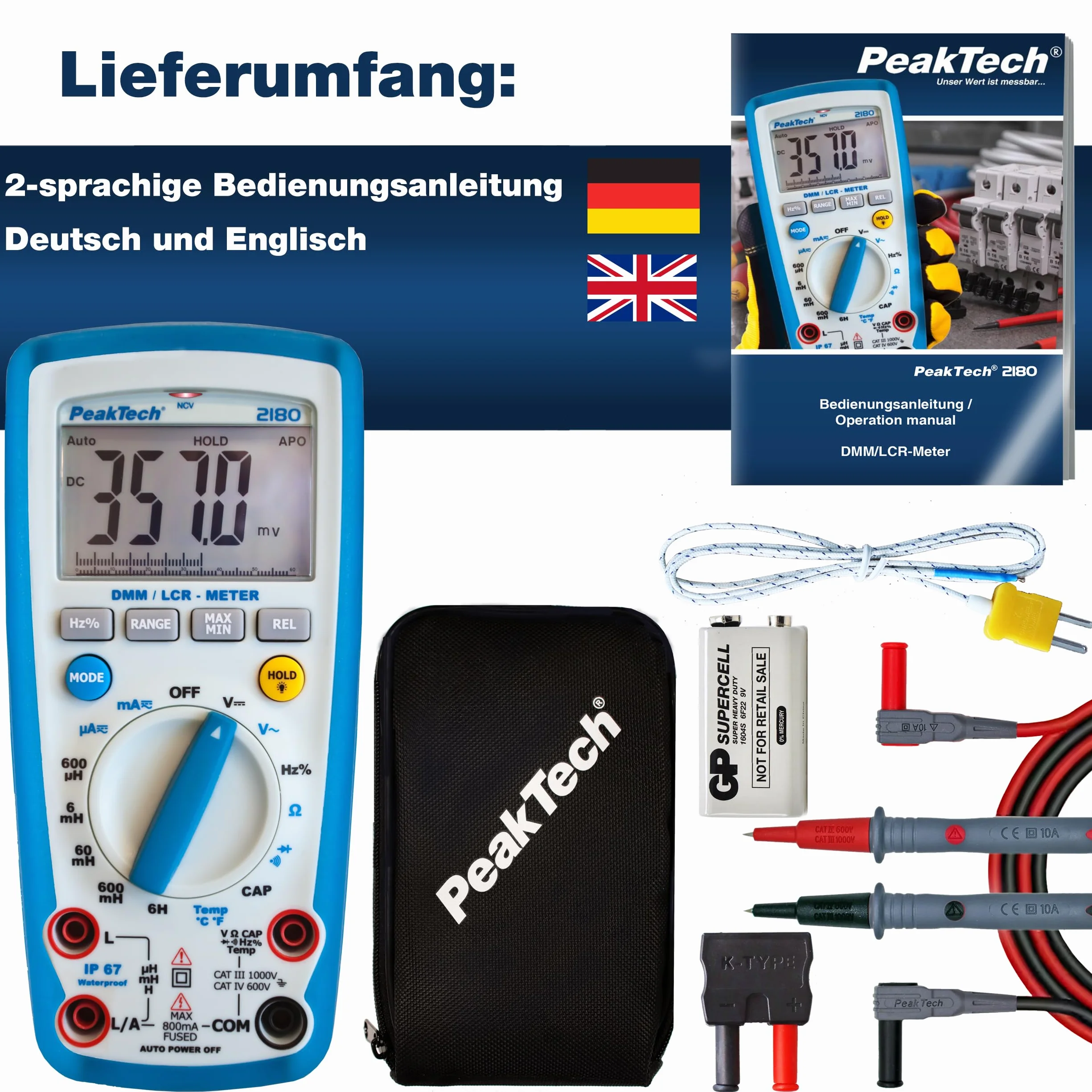 PeakTech 2180 – Multímetro digital con medidor LCR, resistencia, capacitancia, inductancia, 6000 cuentas, rango automático, amperímetro, probador de continuidad pantalla LCD iluminada - CAT III 1000