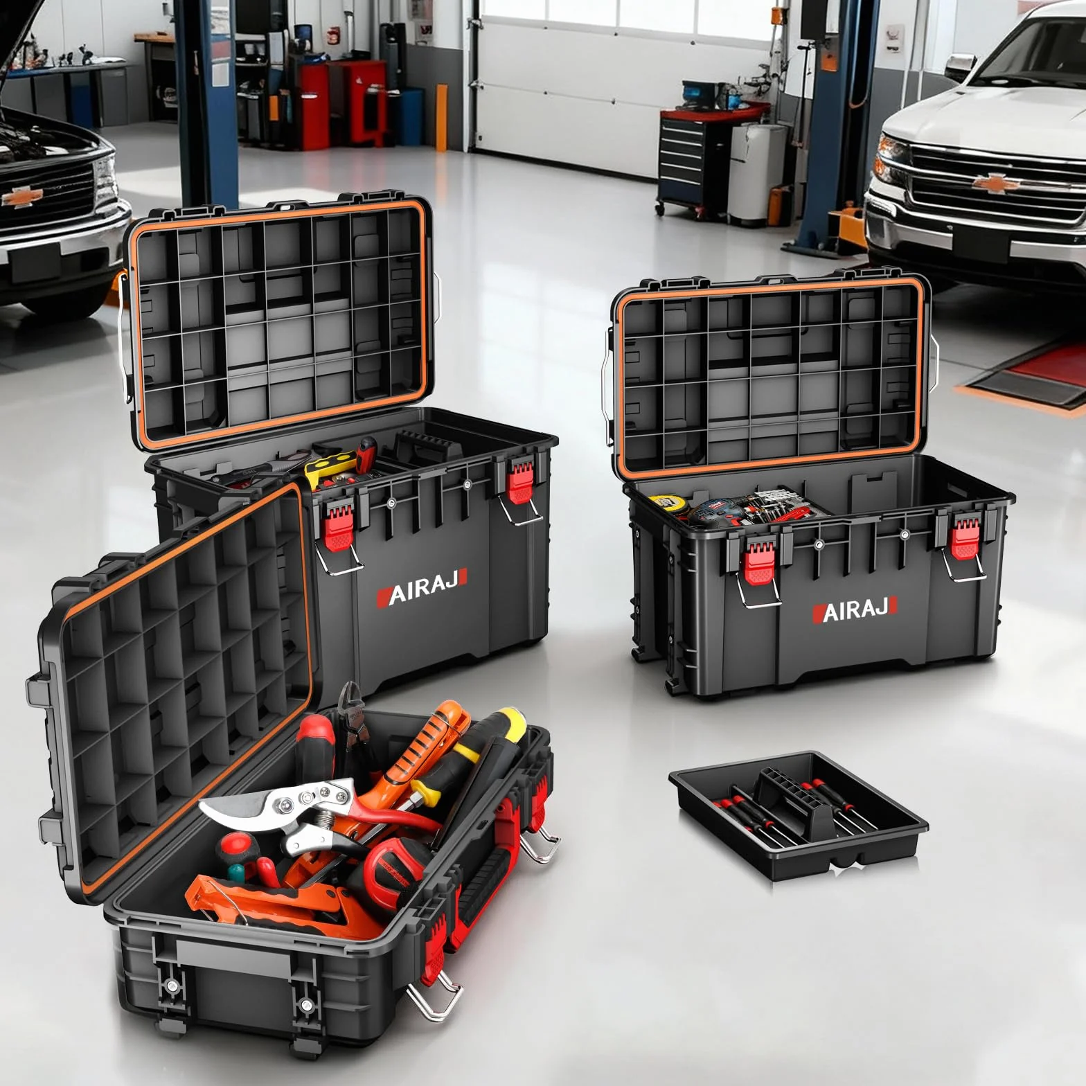 Caja Herramientas con Ruedas de Tres Capas,Caja de Herramientas Apilable Modular,Caja Herramientas Vacia Impermeable,Ruedas Todoterreno,Mango de Varilla de Tracción Retráctil