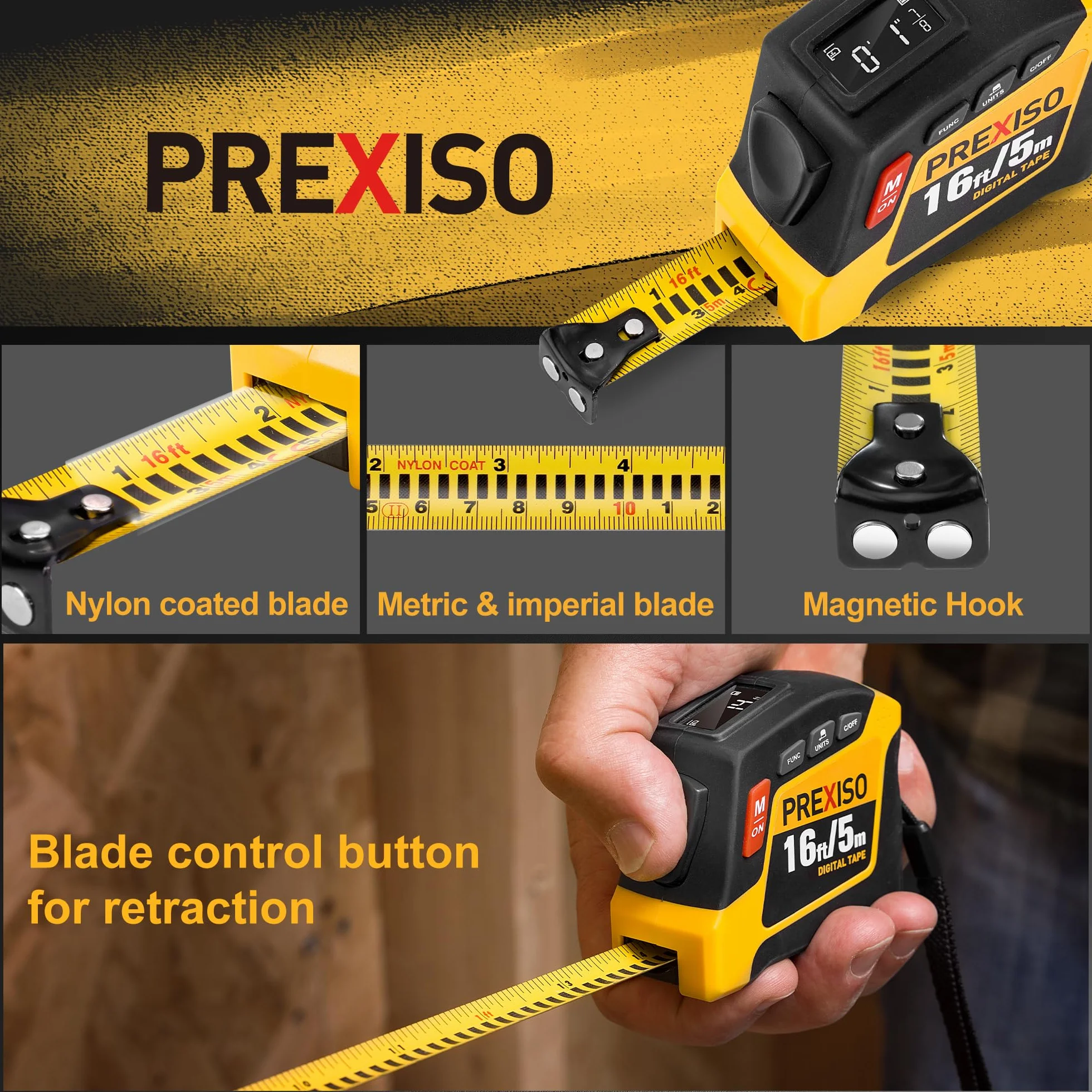 PREXISO Cinta métrica digital 2 en 1 – Cinta métrica recargable de 16 pies + pulgadas / M/CM/MM - Herramienta de cinta métrica y retráctil en pulgadas con bloqueo automático y punta magnética
