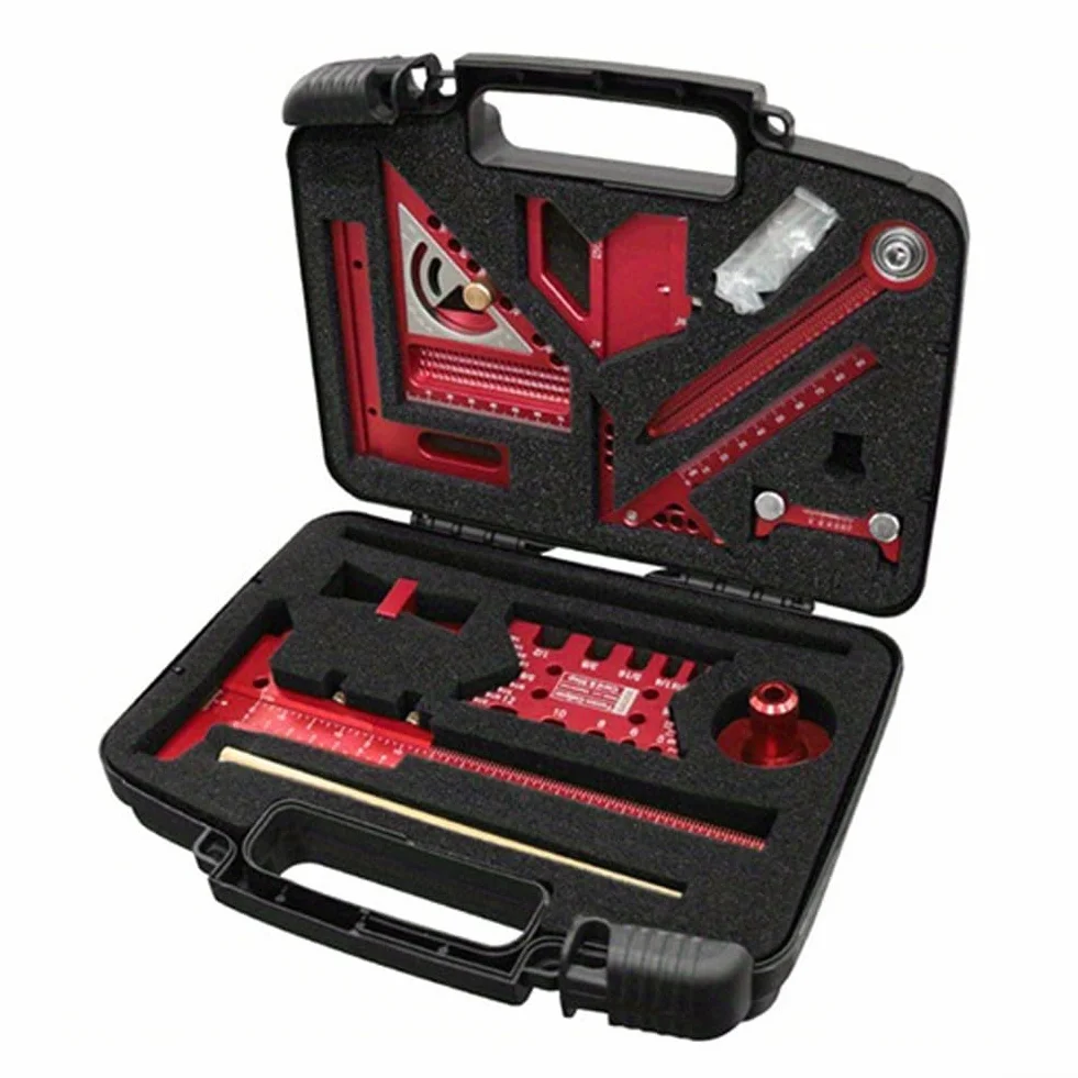 Aleación de aluminio Kit de medición y diseño de carpintería con reglas, calibradores, bloques de marcado y herramientas de afilado (6)