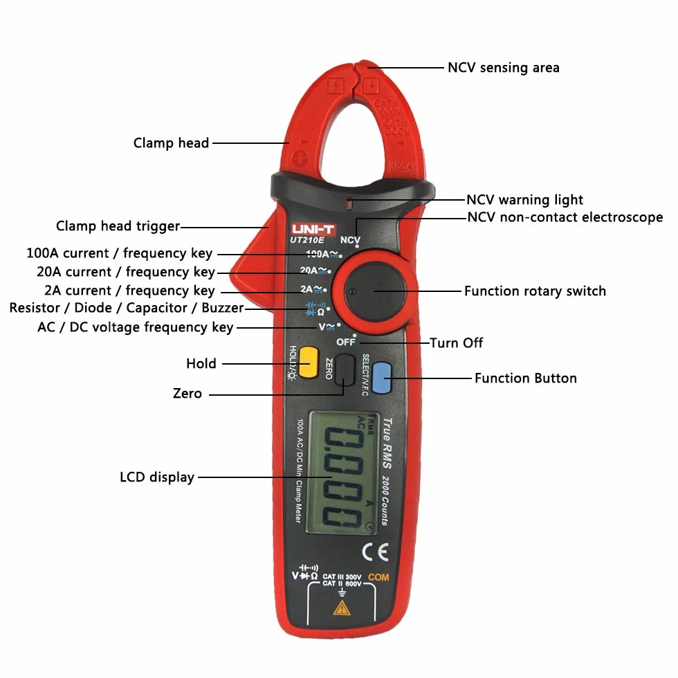 UNI-T UT210E Mini Digital Clamp Meter - DC Clamp Multímetro digital con Pinza para Voltímetro, Amperímetro y Ohmímetro con LCD y Retroiluminación