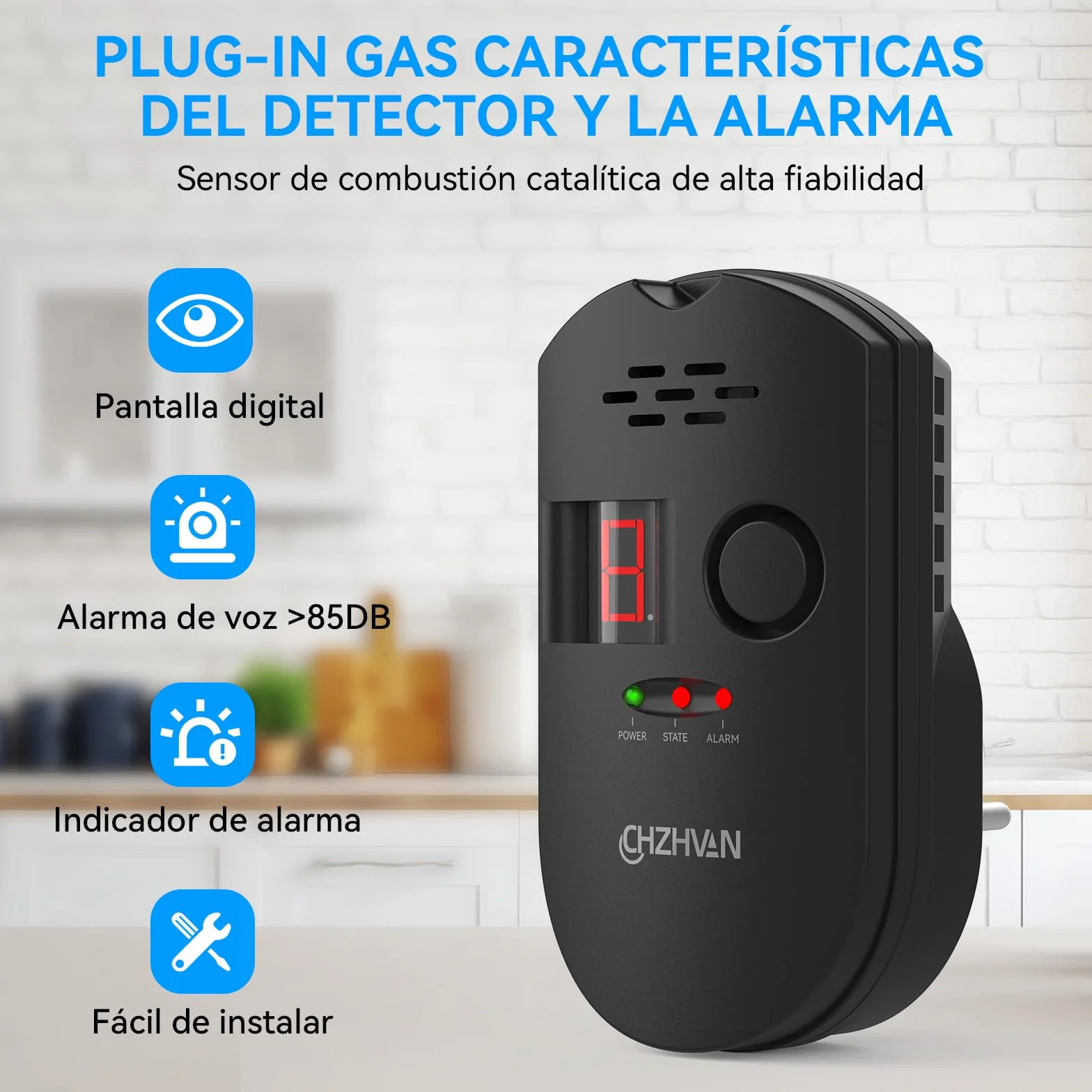 Sensor Enchufable para Detector de Gas/Gas Natural/GLP Carbono con Alarma Sonora, Pantalla Digital LED, y Monitoreo para Metano, Propano, Butano Gases Combustibles