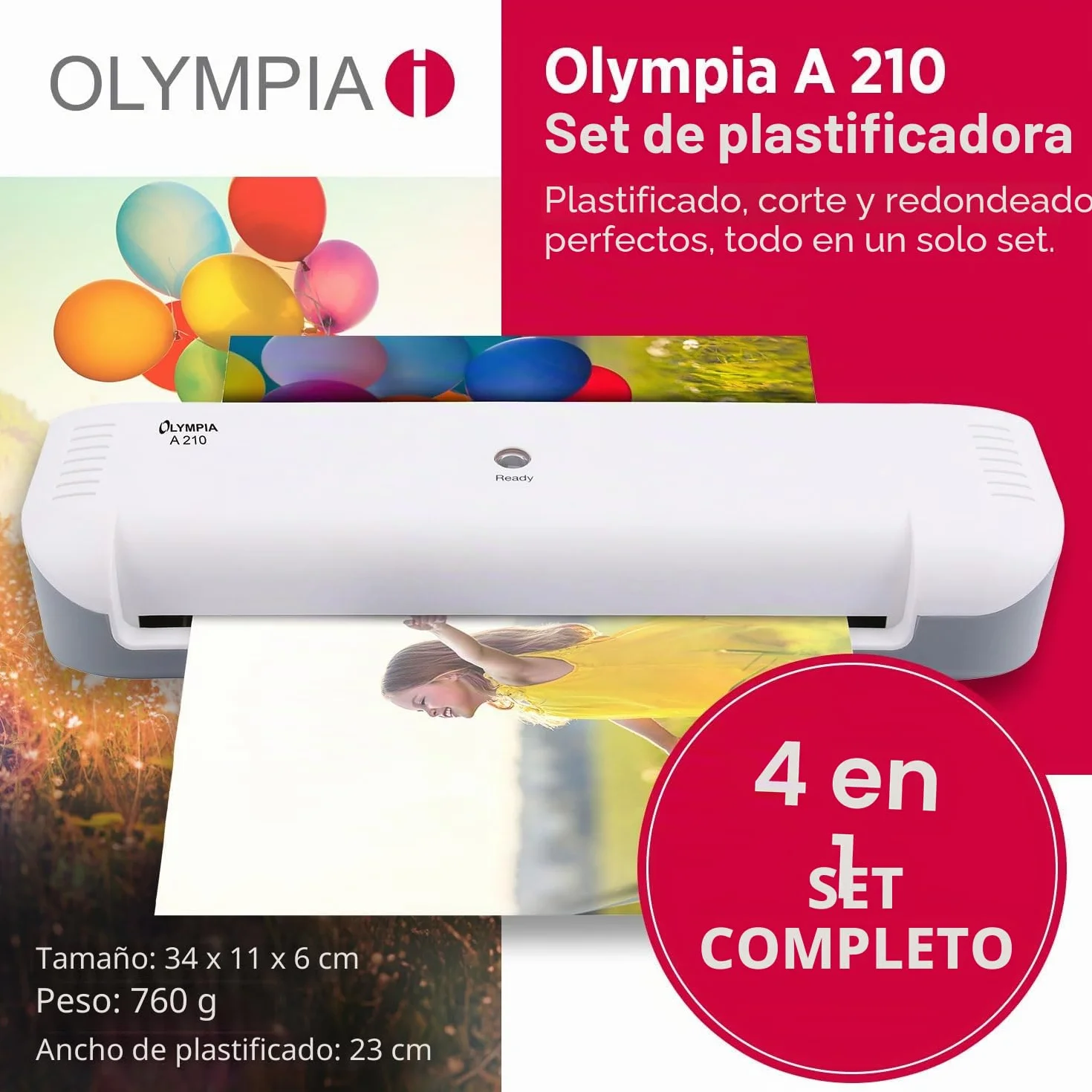 Olympia A210 Plastificadora 4 en 1 A4 | Juego de Laminación A4 | Laminadora | Calefacción Rápida | Laminadora, Cortadora de Papel y Redondeadora de Esquinas | Ideal para Oficina, Escuela y Hogar |