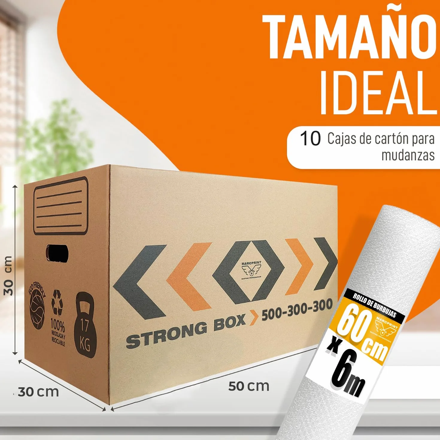 Cajas Mudanza 10 Pack + Rollo Burbujas - Cajas Carton 50x30x30 Reforzadas FSC Reutilizables