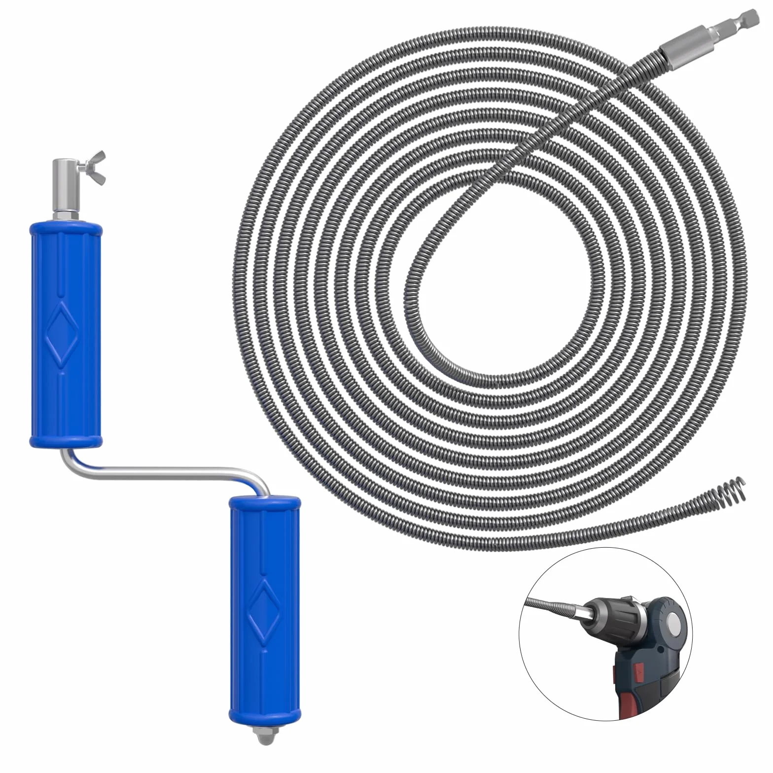 Desatascador Fregadero Profesional 10m, Espiral de limpieza de tuberías, diámetro 6 mm, espiral de limpieza de tuberías, espiral de limpieza con adaptadores eléctricos y manuales, varilla de limpiez