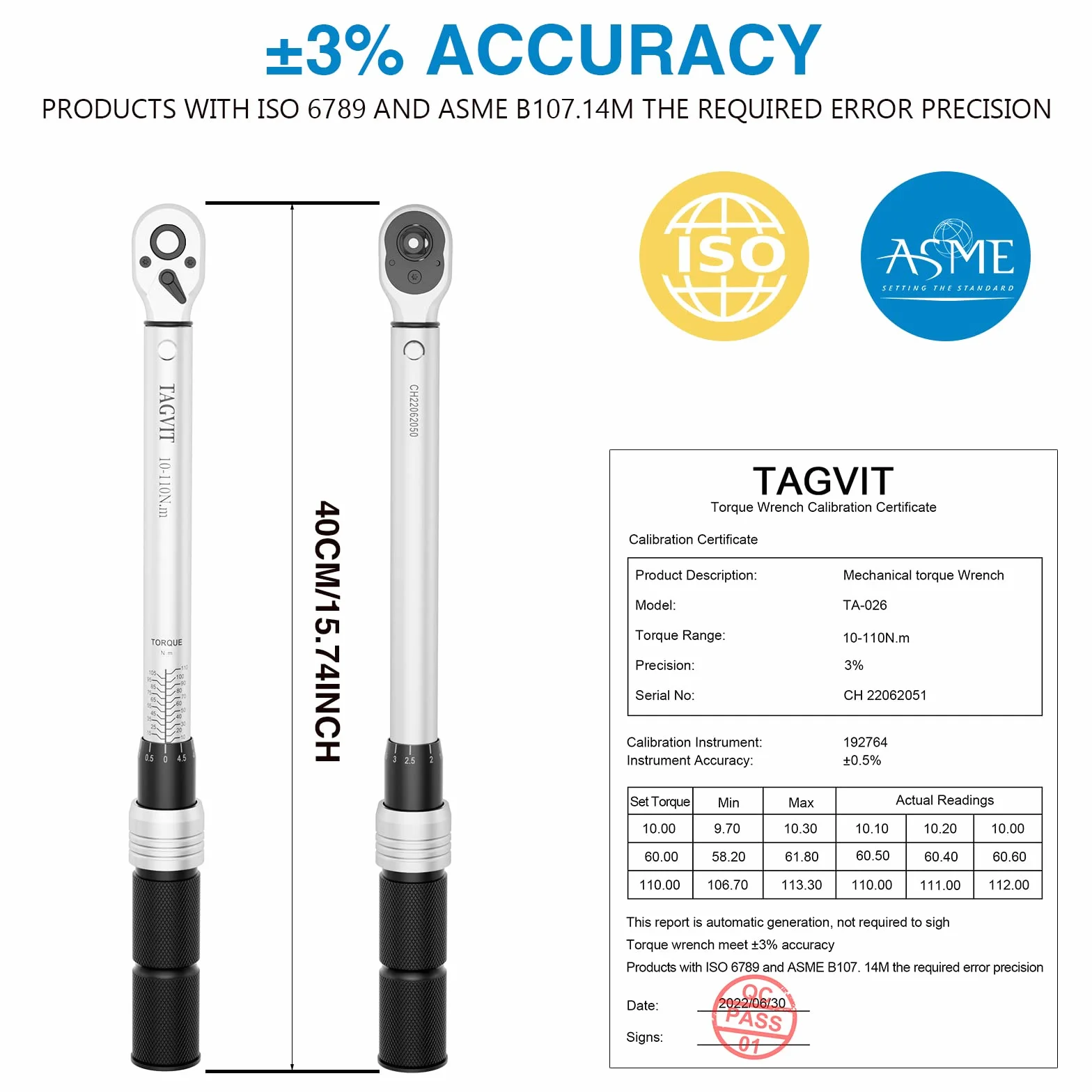 Llave Dinamométrica 3/8", ±3% Alta Precisión, 10-110Nm Llave Dinamométrica para Bicicleta, Moto, Coche
