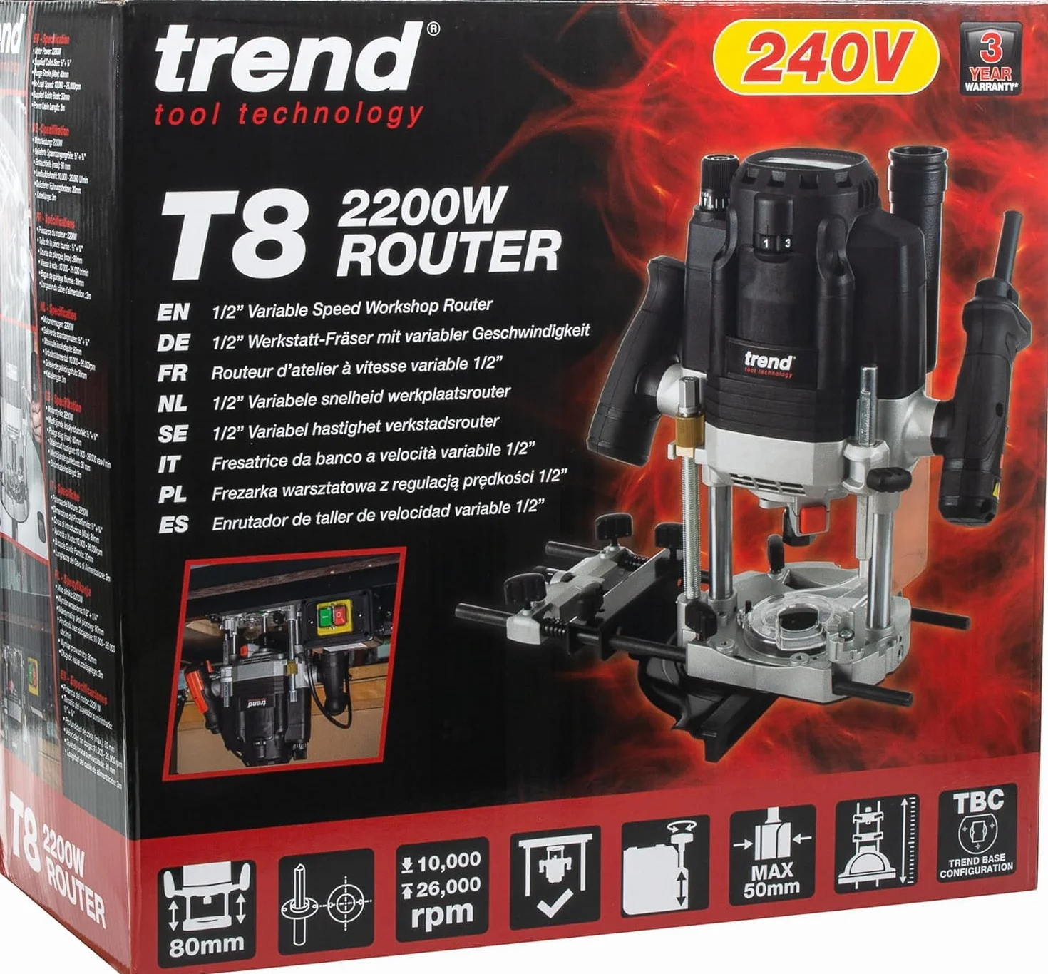 Trend T8 Fresadora de Taller de Inmersión Doble Modo 12mm, Diseñada para Uso Manual y en Banco de Fresado, 2200W, 230V, Negro, T8EK/EURO