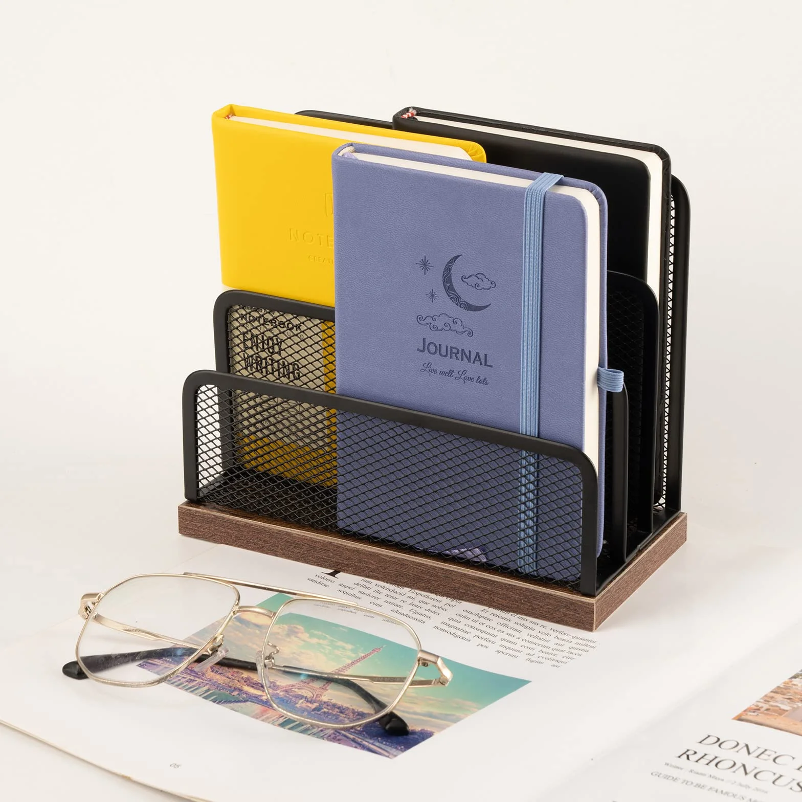 Organizador de correo de escritorio de madera y metal, 3 compartimentos verticales para archivos y cartas