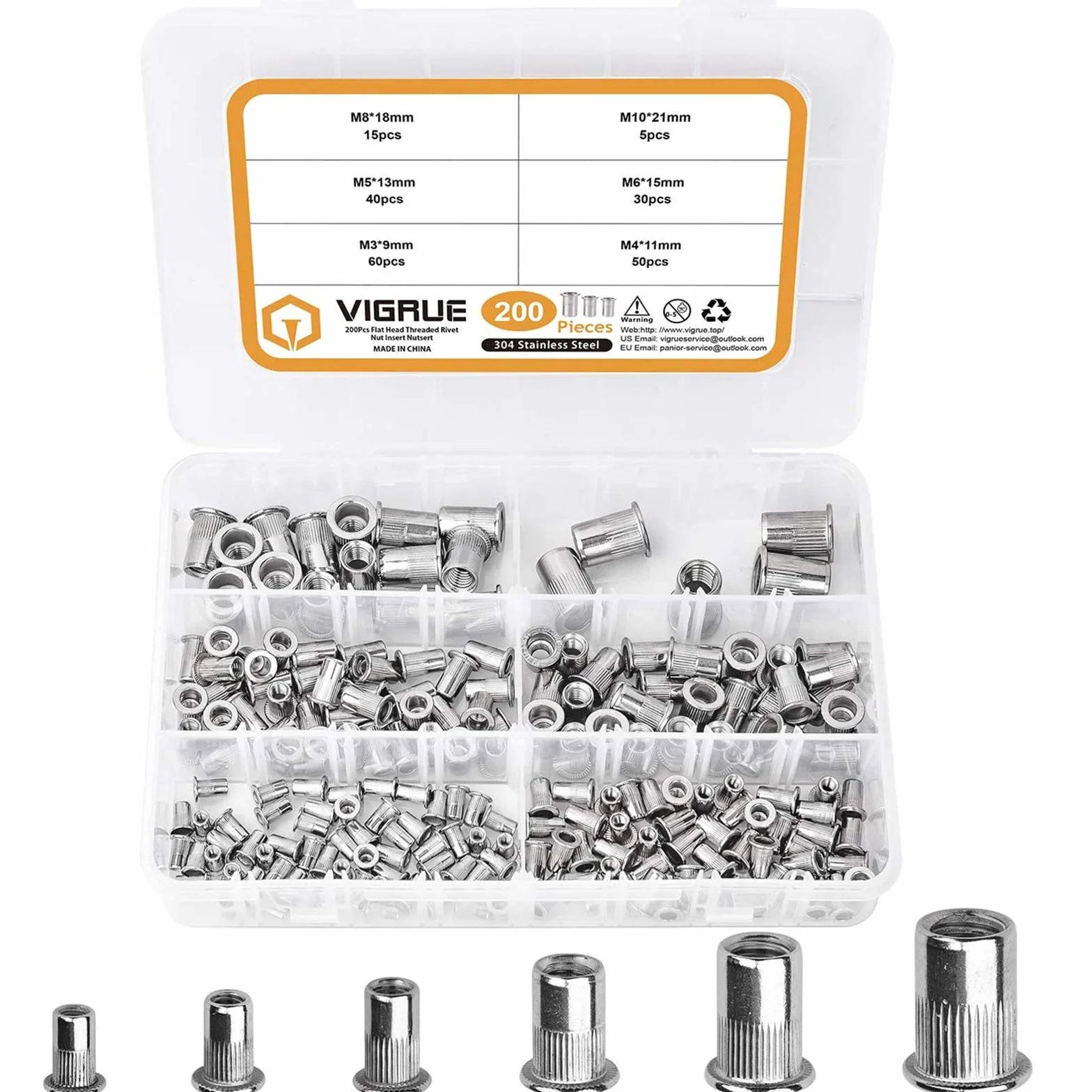 VIGRUE Surtido de 200 tuercas de remache M3, M4, M5, M6, M8, M10, A2-70, acero inoxidable, herramienta de cabeza plana, rosca, remache, tuercas, surtido, con caja de almacenamiento