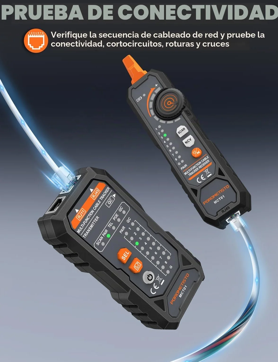 MCT01 POROMETISTO Comprobador de Cables de Red y Ethernet | All-in-One para RJ45/RJ11, Prueba POE, NCV, Linterna, Alarma Sonora, Verificación de Continuidad y Control de Crimpado