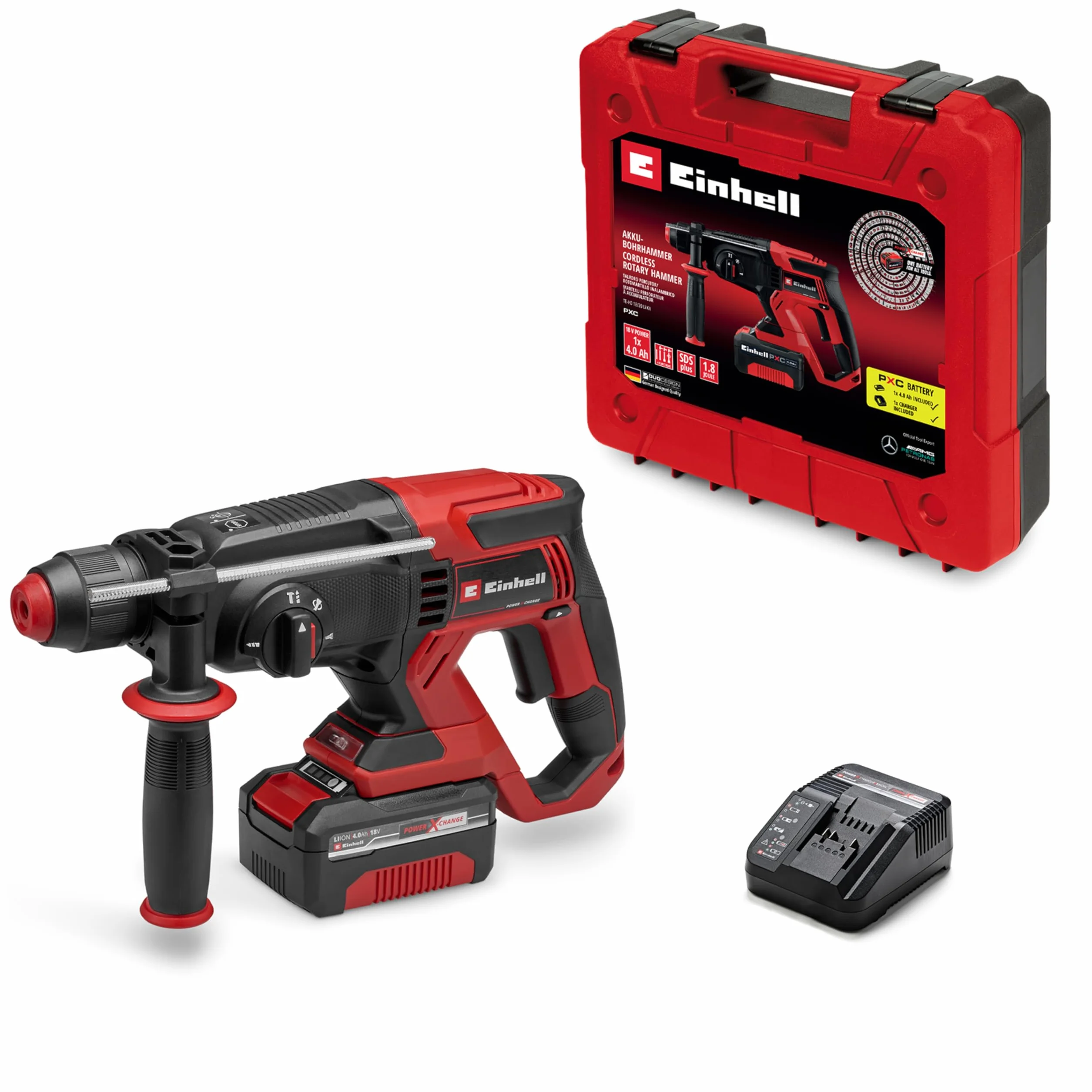 Einhell Martillo perforador con batería TE-HD 18/20 Li (1x4,0 Ah) Power X-Change (18 V, 1,8 J, SDS-plus, potencia de perforación de 20 mm en hormigón, 4 funciones, incl. batería 4,0 Ah + cargador)