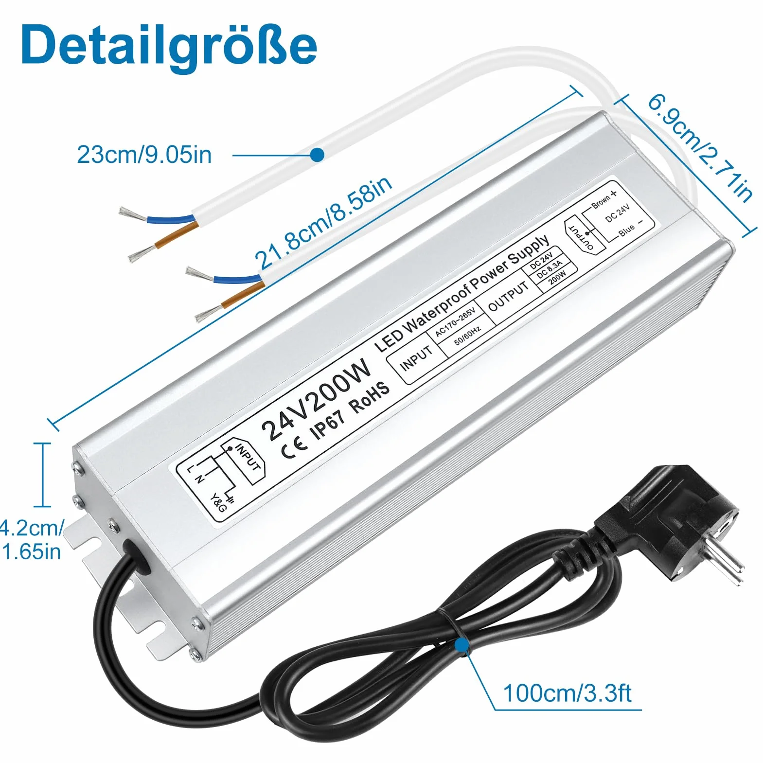 inShareplus Transformador LED de 24 V, 8,33 A, 200 W, IP67, resistente al agua, controlador para exteriores, CA 170-265 V a CC 24 V, transformador de bajo voltaje, fuente de alimentación de 24 V para