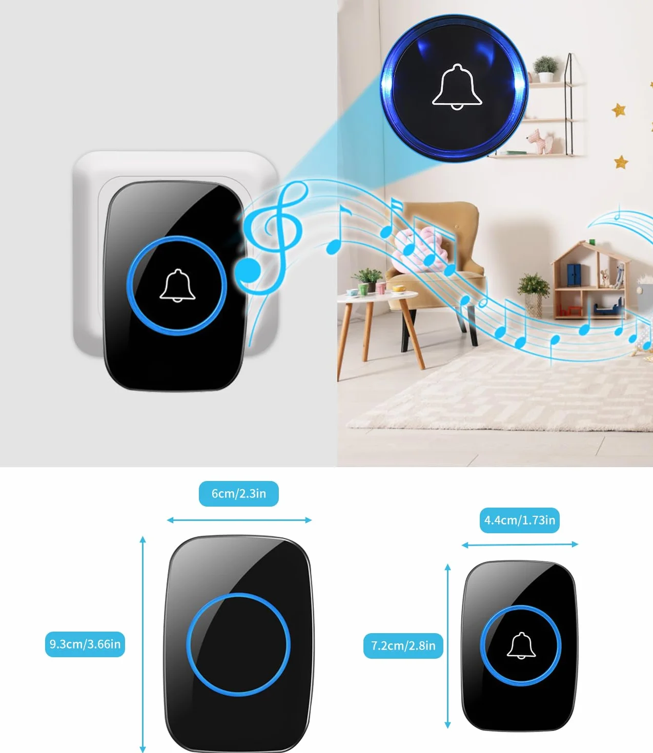 Timbre Inalámbrico Exterior Impermeable,Ip55 Kit De Timbre Inalambrico Doorbell Con 60 Melodías, Led Azul Para El Emergencias Hogar Oficina Hotel,300 metros Timbre Negro Timbre Casa Interior