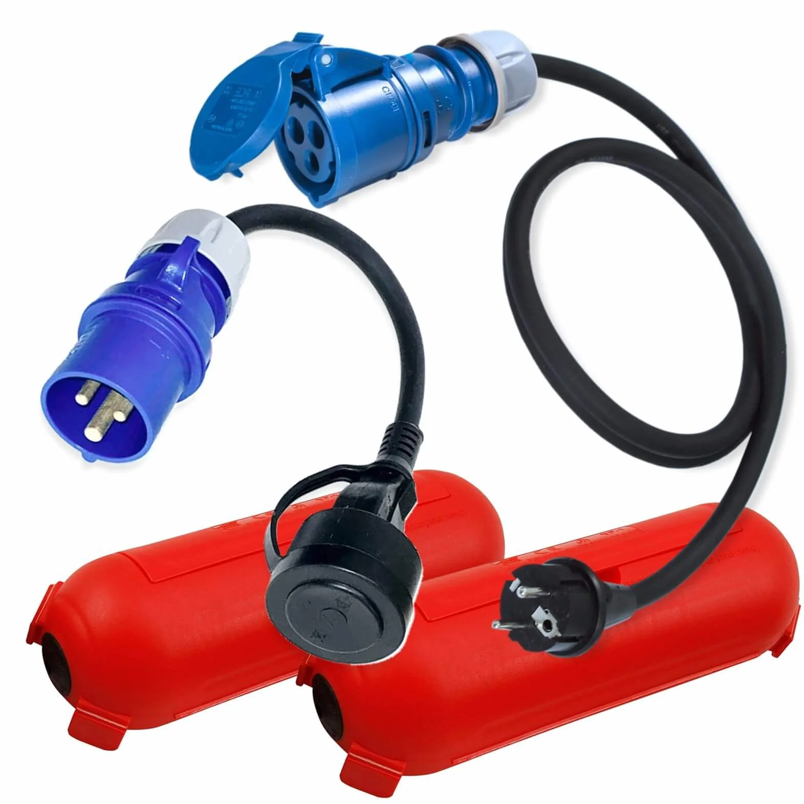 CEE Juego de adaptadores de Camping con Cajas Protectoras 1,5/0,3m - Cable Adaptador Schuko Macho y Caja de Cables (3 x 2,5 mm², 230 V, 16 A, 1,5 m, 0,3 m), Rojo, IP44, Cable Autocaravana