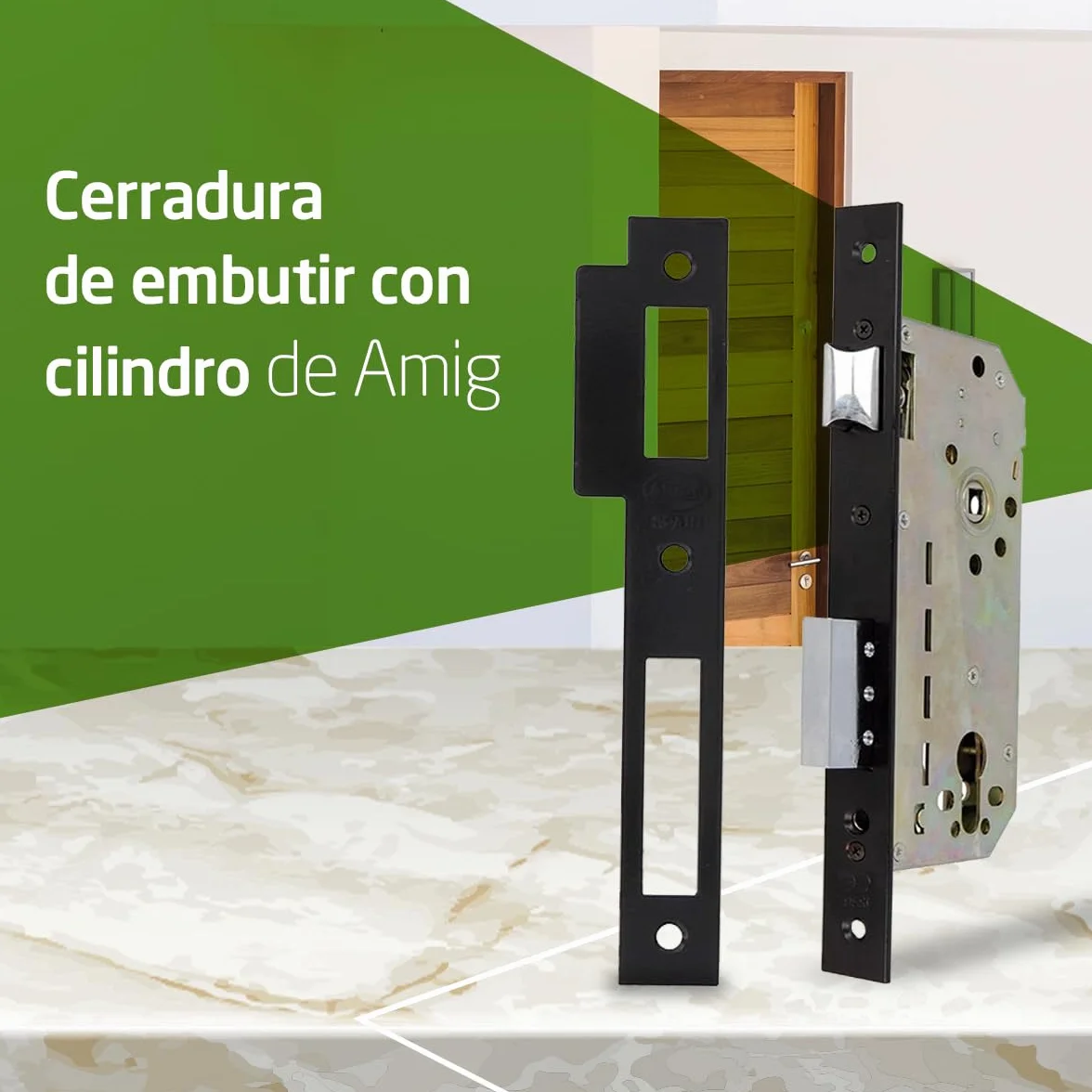 Amig - Cerradura de Embutir con Cilindro de Seguridad y Bocallave + 5 Llaves - Para Puertas de Madera de Entrada - De Acero Acabado en Negro - Picaporte Reversible - Para Manilla de 8 mm