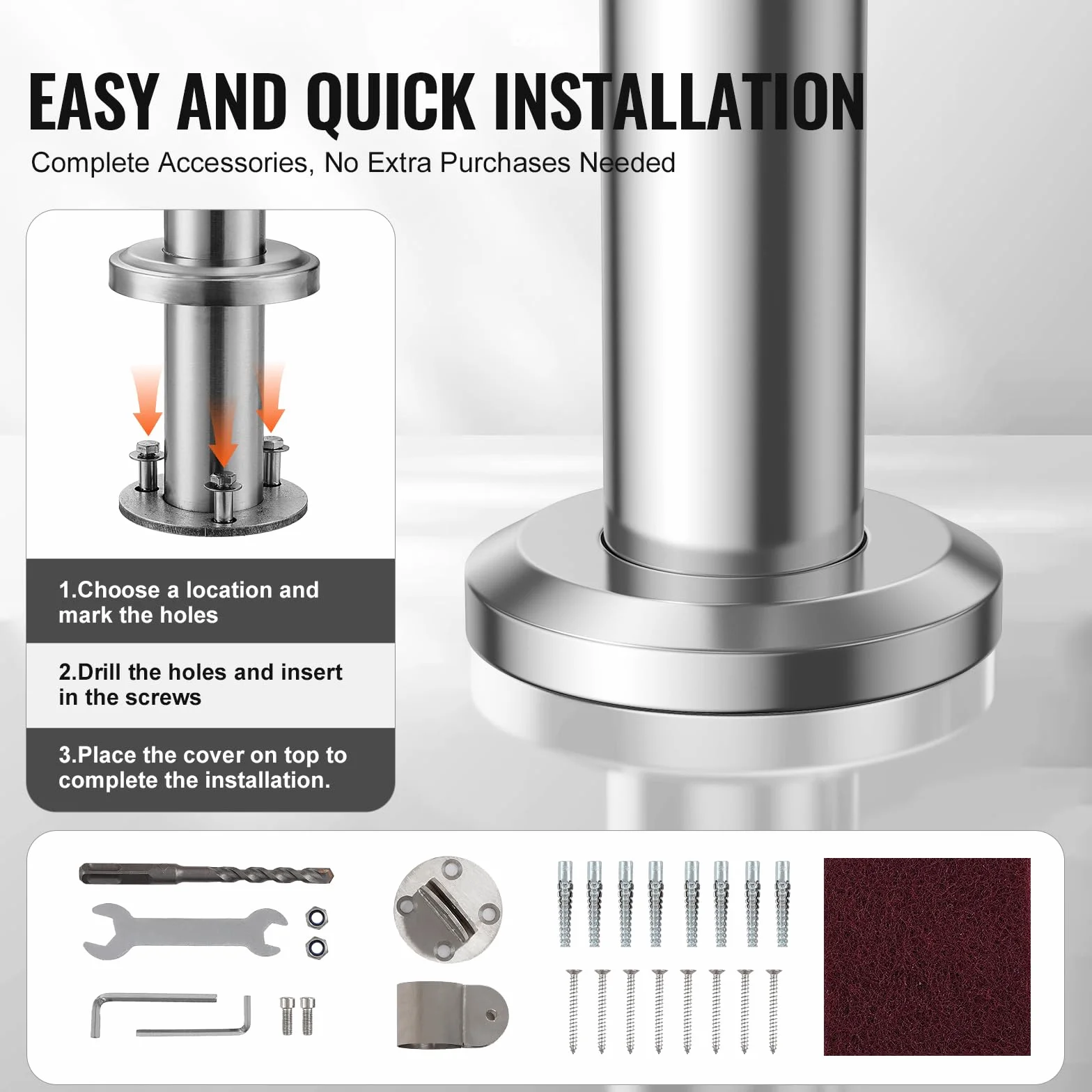 VEVOR Barandilla de Escalera 100 cm Pasamanos de Escalera para Escalones Exteriores de Acero Inoxidable Montaje en Pared y Suelo con Kit de Instalación para Personas Mayores, Porche, Terraza, Plata