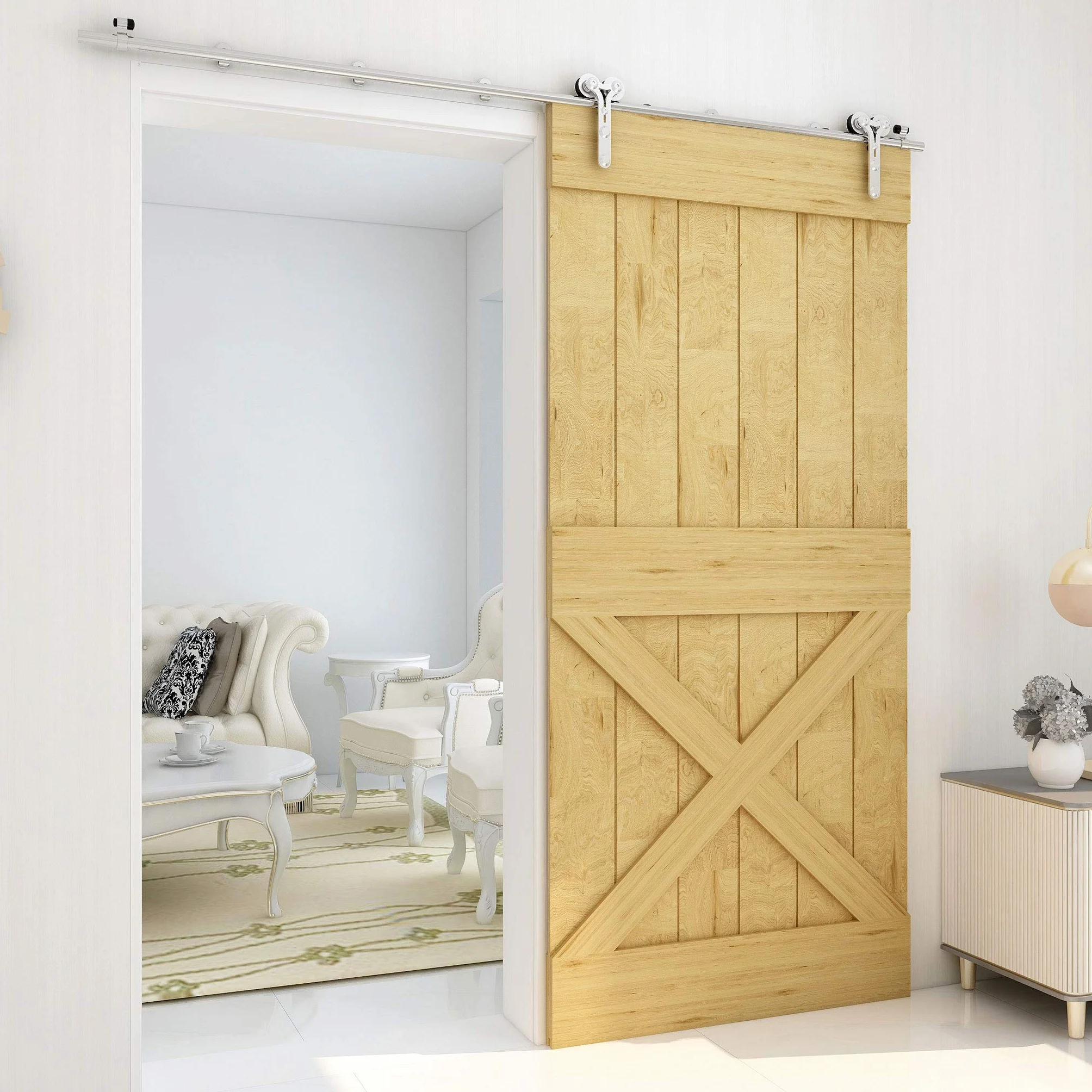 TSMST 5.5FT/167cm Herraje para Puerta Corredera Kit de Acero Inoxidable Accesorios para Puertas Correderas, Riel Juego para Puerta de Madera Soltera-Estilo Y