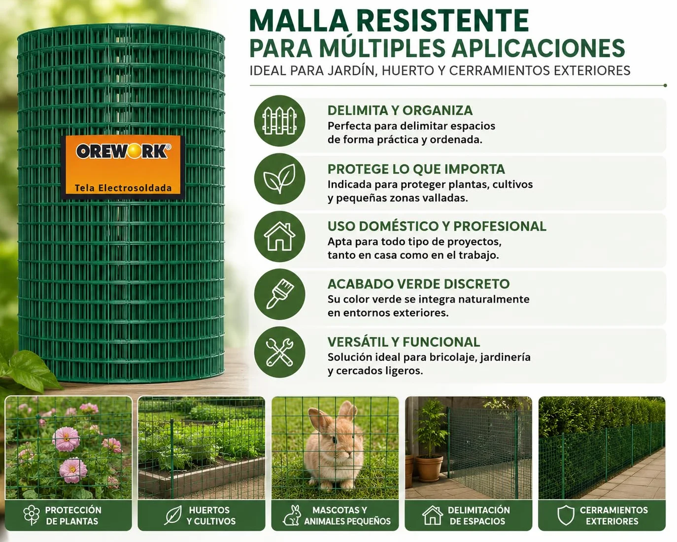 Malla Soldada Plastificada Verde 13x13 mm Ø 1 mm 1x5 m para Jardín y Cerramientos