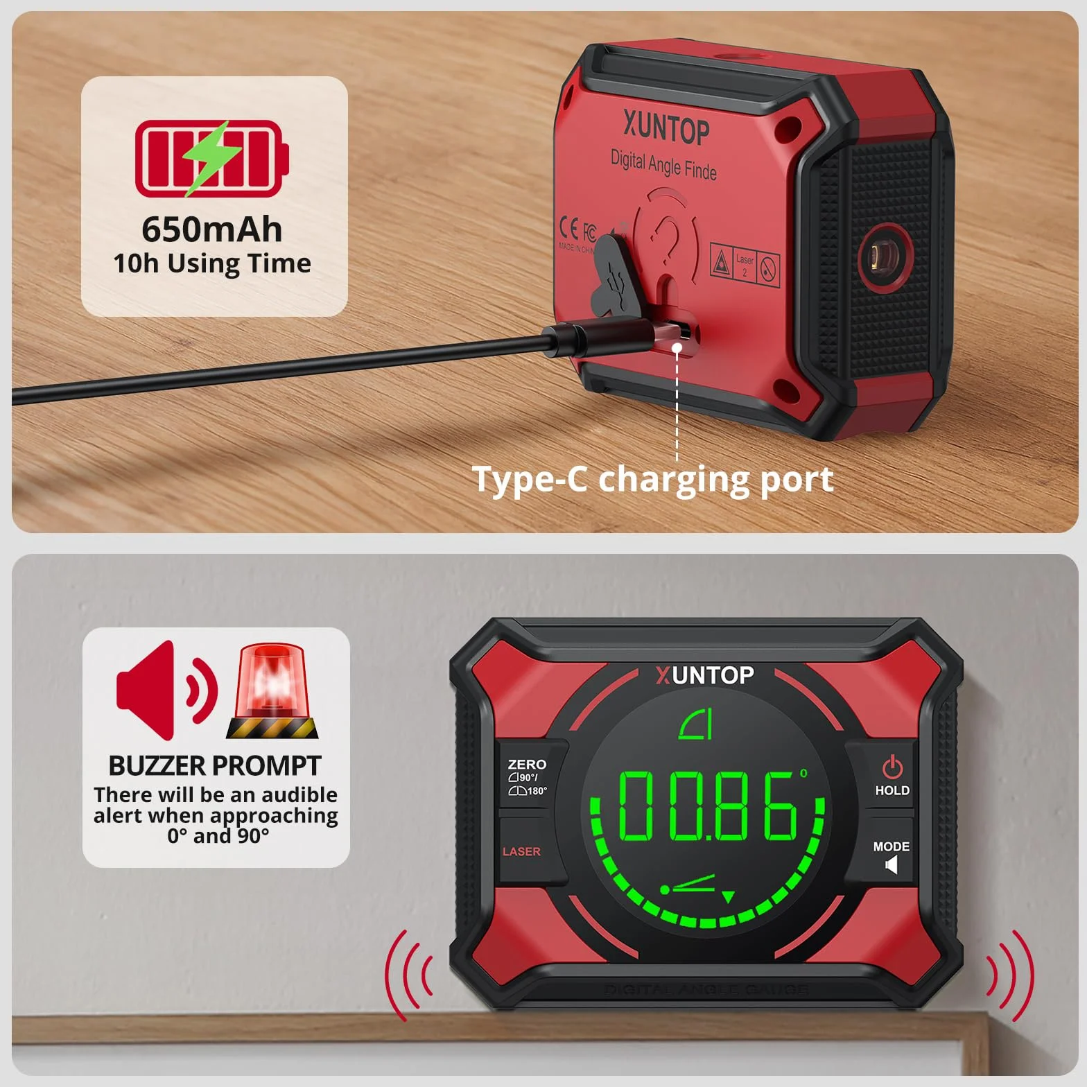 XUNTOP Inclinometro Digital 3 en 1 Caja de Nivel digital con Láser Cruzada Nivel Digital Magnetico Rango de 0-90° & 0-180° Interfaz Type-C para Carpintería, Sierras y Cuadros Colgantes