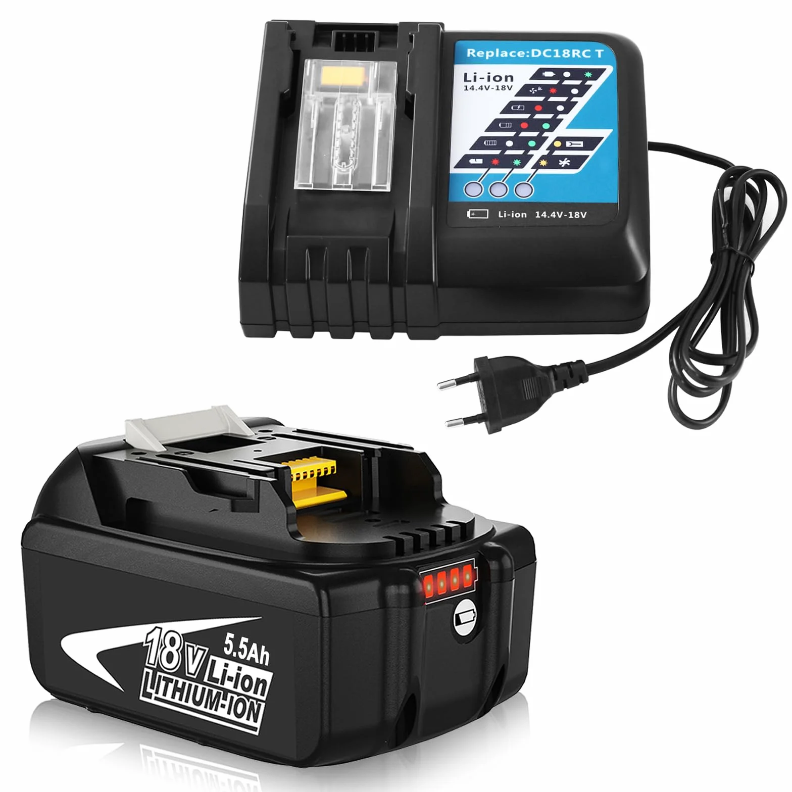 Batería de Repuesto para Makita 18V 5.5Ah+3A Cargador para Makita 18V Batería BL1850 BL1840 BL1830 BL1820 BL1815 y Cargador DC18RA DC18RC DC18RD (Azul)