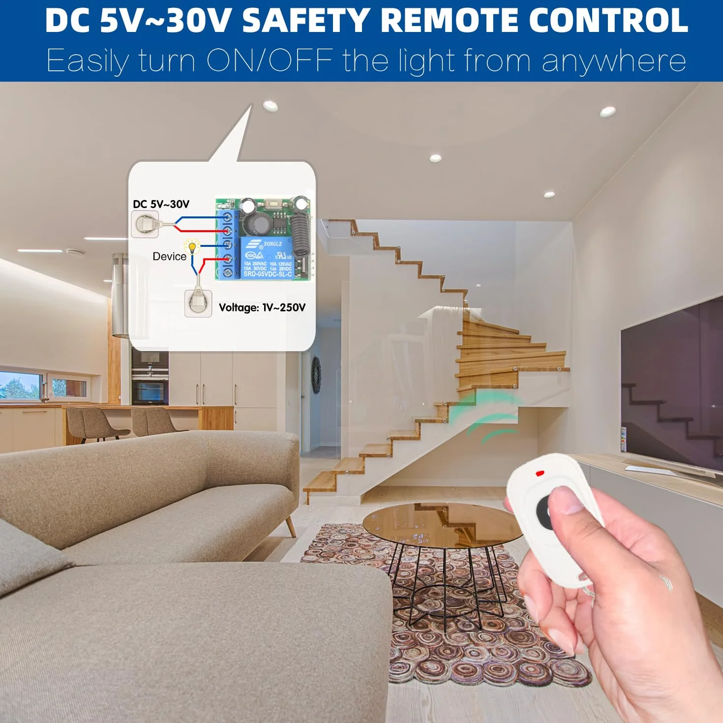 DieseRC 5V - 30V Interruptor Remoto por Radio 1 Canal Receptor de relé de Control de Radio 12V 24V con transmisor Llavero Control de relé de Contacto Libre de potencial