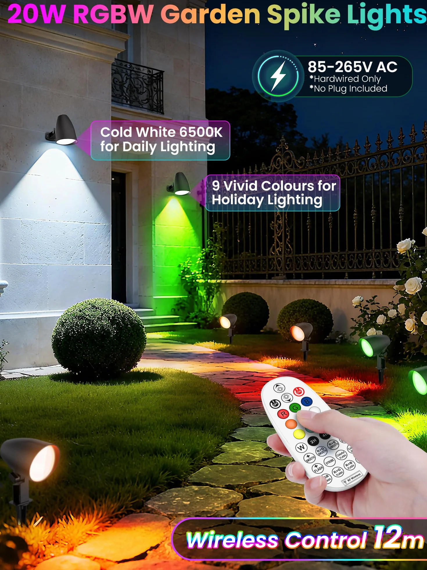 LINKE Foco de Jardín Exterior 20W 2 Piezas Focos LED RGB 1880LM Super Brillante, 10 Colores 30 Modos 6 Brillo, IP66 Impermeable Luz de Paisaje con Control Remoto para Camino Árboles Césped