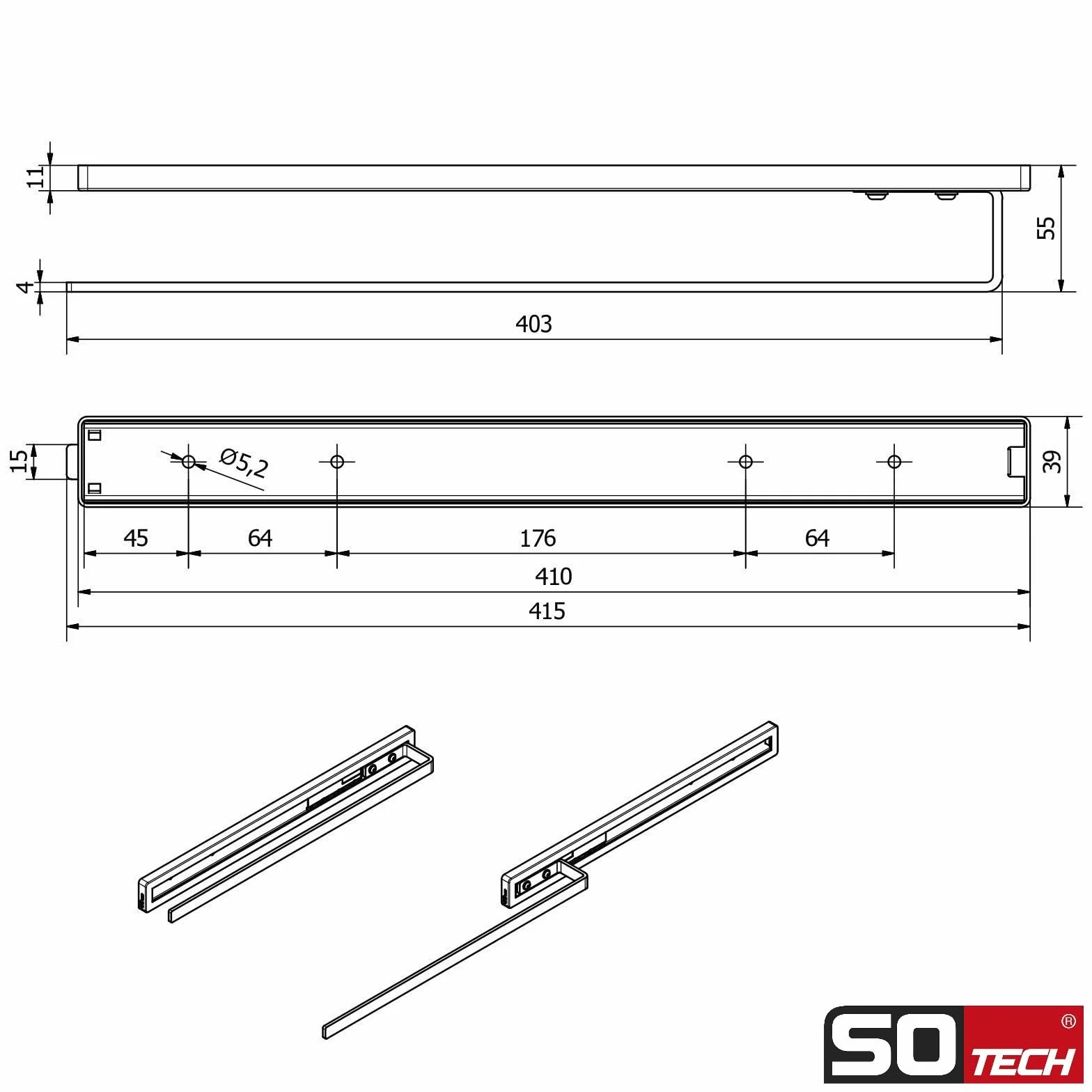 SOTECH Toallero extraíble Style de 1 Brazo Negro 415 mm de extensión 300 mm Toallero para Montaje Lateral y bajo Lavabo en baño y Cocina