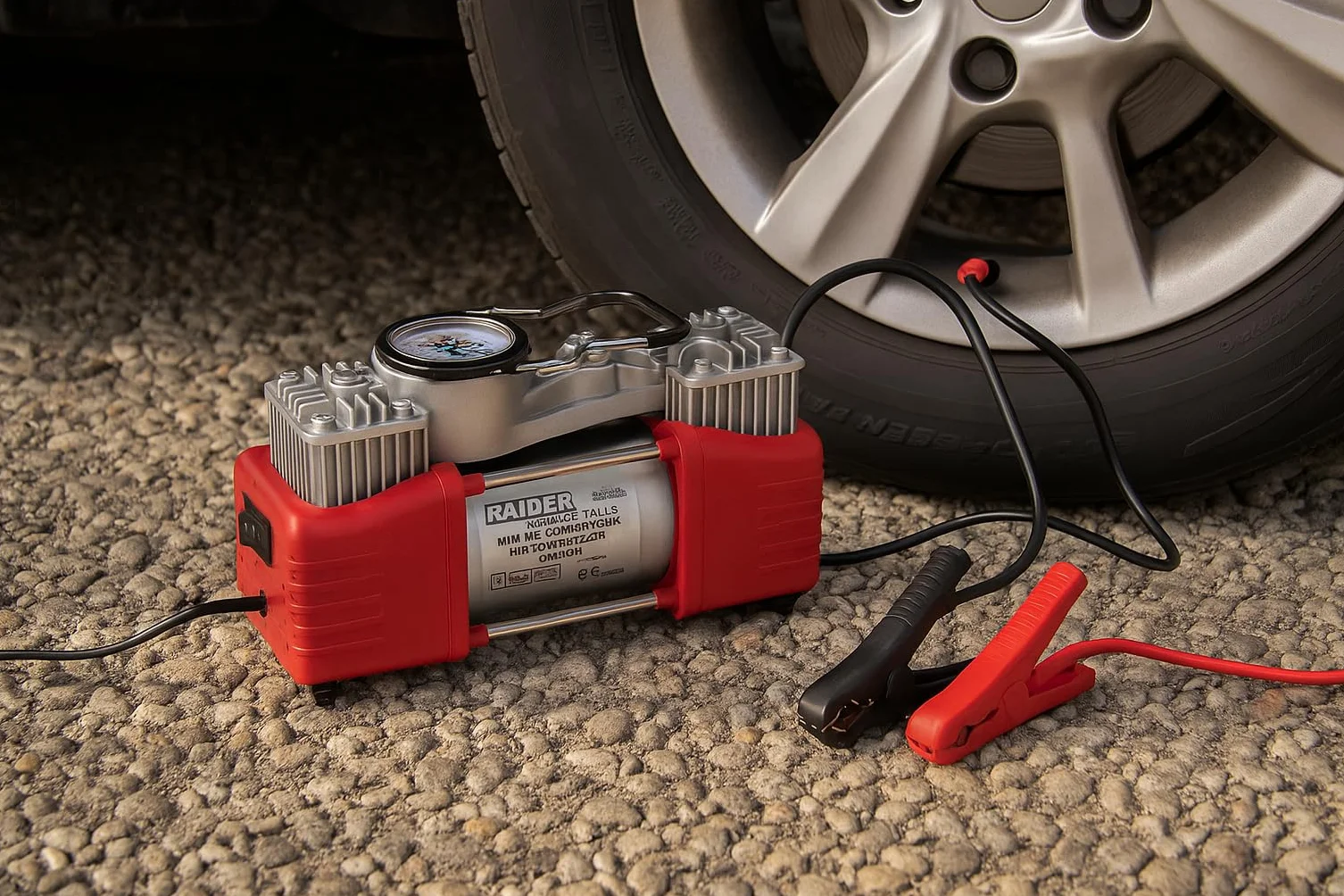 Compresor de Aire Portátil 12V 300W – 70L/min Doble Pistón con Manómetro, Conexión Mechero y Pinzas de Batería, Incluye Estuche con Accesorios – Para Coche, Moto y Furgoneta