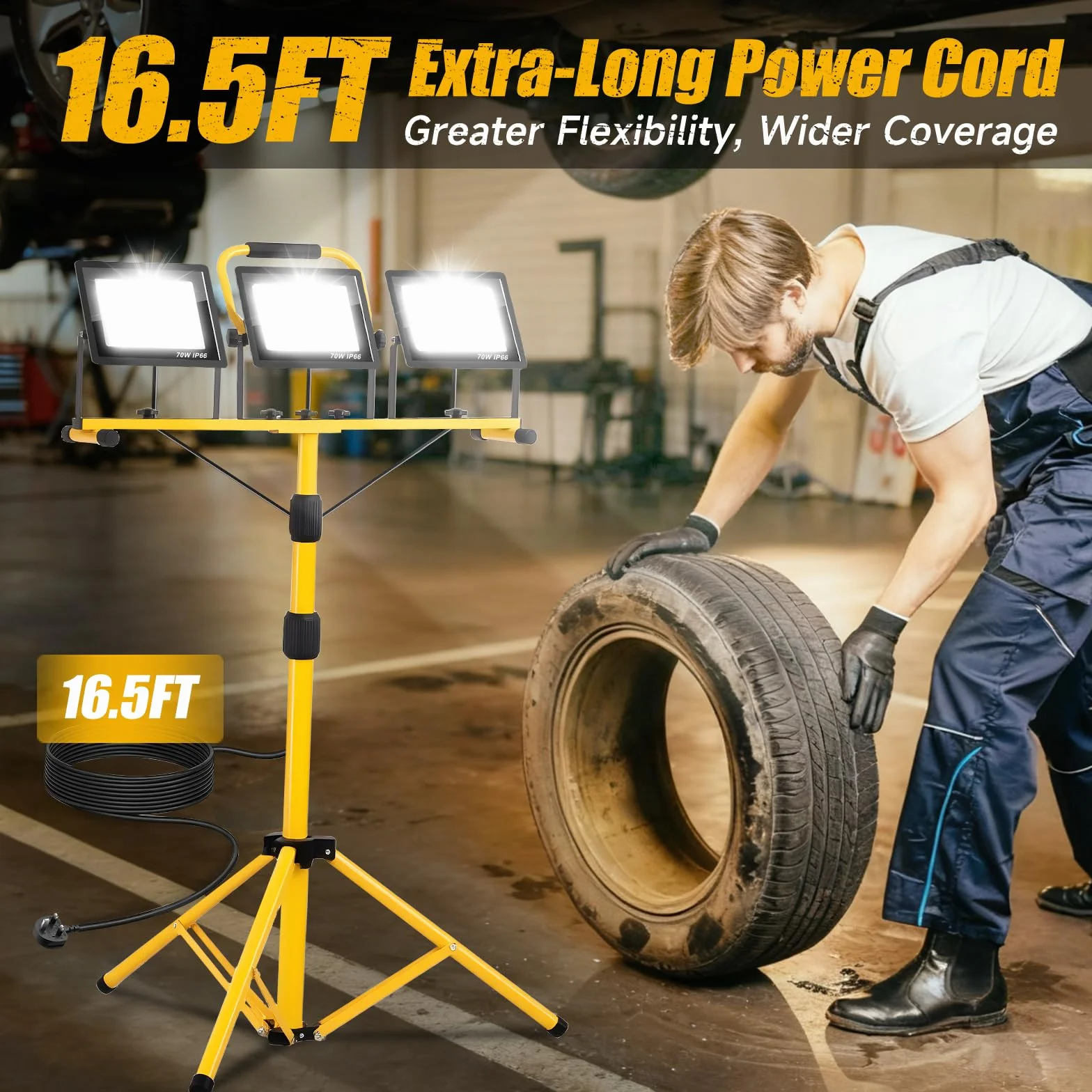 210W Foco led Trabajo con Trípode, 21000LM 6500K Lámpara de Trabajo con Cable de 5m Interruptor Individual, IP66 Lámpara Impermeable para Obras/Talleres/Garajes Altura Ajustable 200cm