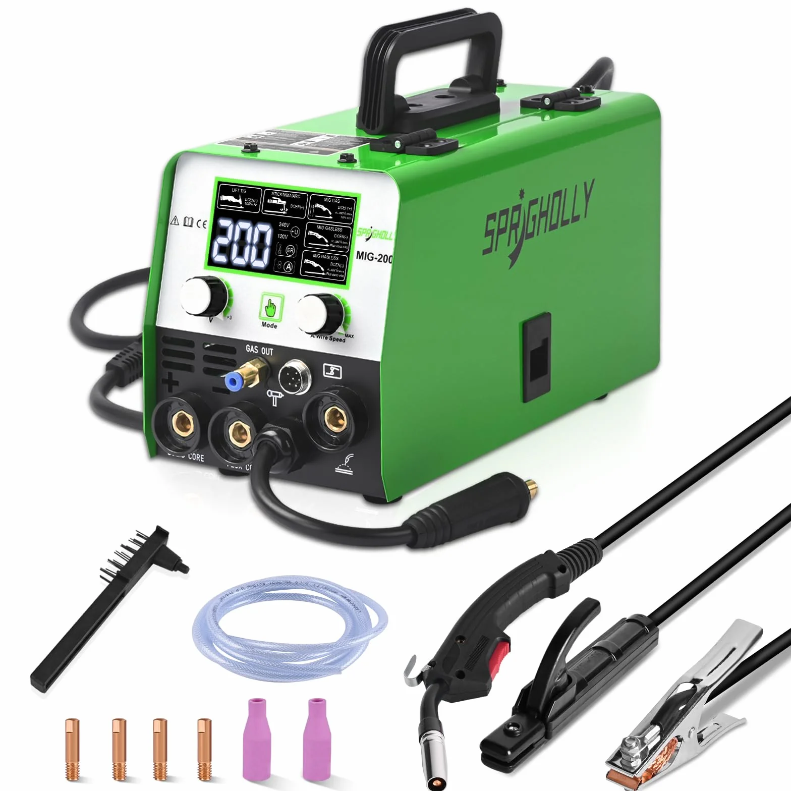Soldadora 200A 240V – 5 en 1 Multifunción: MIG con Gas, MIG sin Gas, MMA, Lift TIG, Compatible con Pistola de Bobina para Aluminio, Modo Sinérgico, Inverter IGBT y Pantalla LED