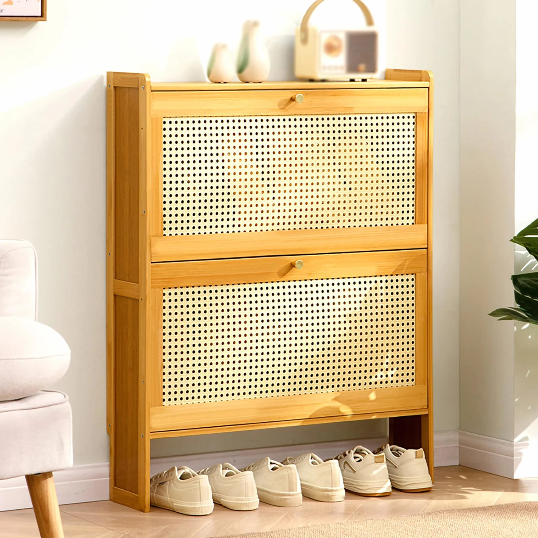Armario para Zapatos de Bambú Fino 17cm Estrecho con Puertas Abatibles 70×17×87cm