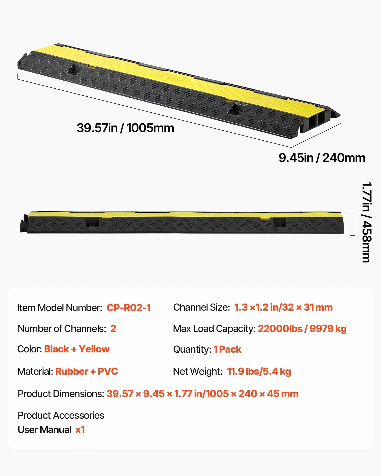VEVOR Protector de Cables para Suelo de 2 Canales 32 x 31 mm Rampa de Protección de Cable 9979 kg Caucho