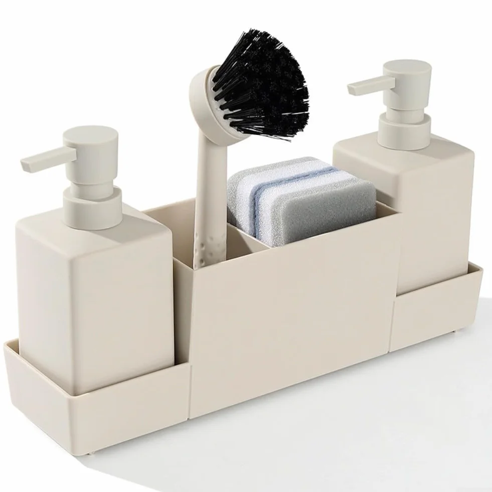 Juego organizador de fregadero de cocina con 2 dispensadores de jabón 350 ml, soporte de esponja, bandeja de goteo ABS, negro mate