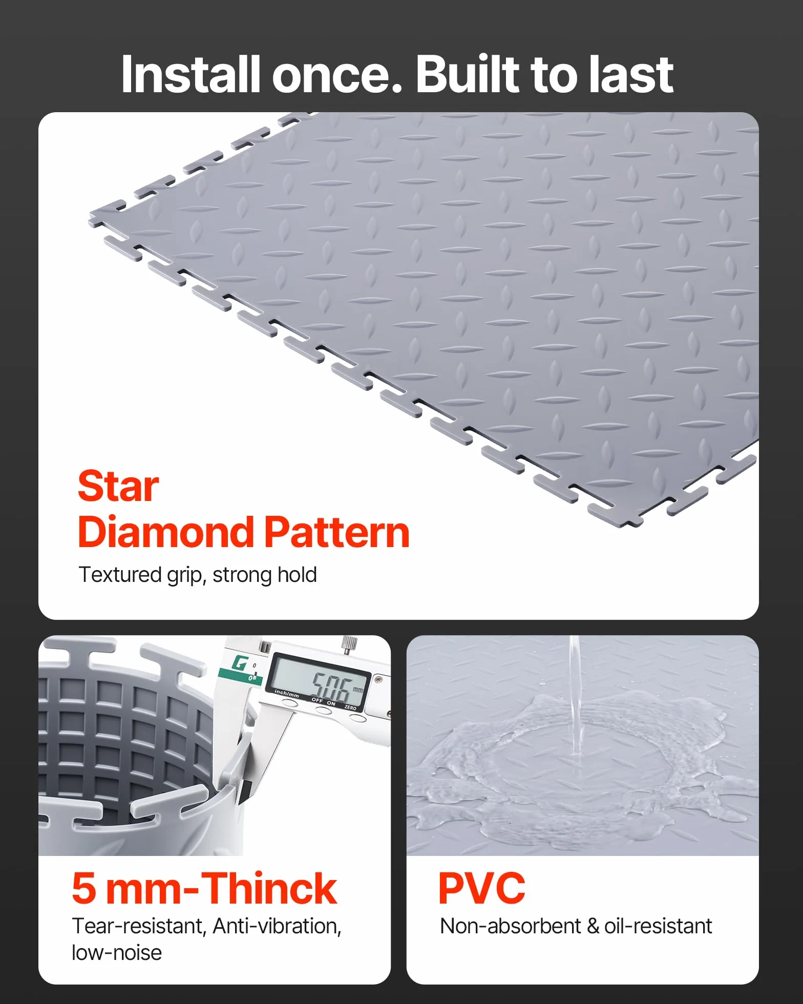 VEVOR Suelo de PVC Antideslizante para Garaje, Paquete de 16 Unidades de 513 x 513 x 5 mm, Instalación por Clic, con Patrón de Diamante para Taller, Almacén, Cuarto de Herramientas, Gris Claro