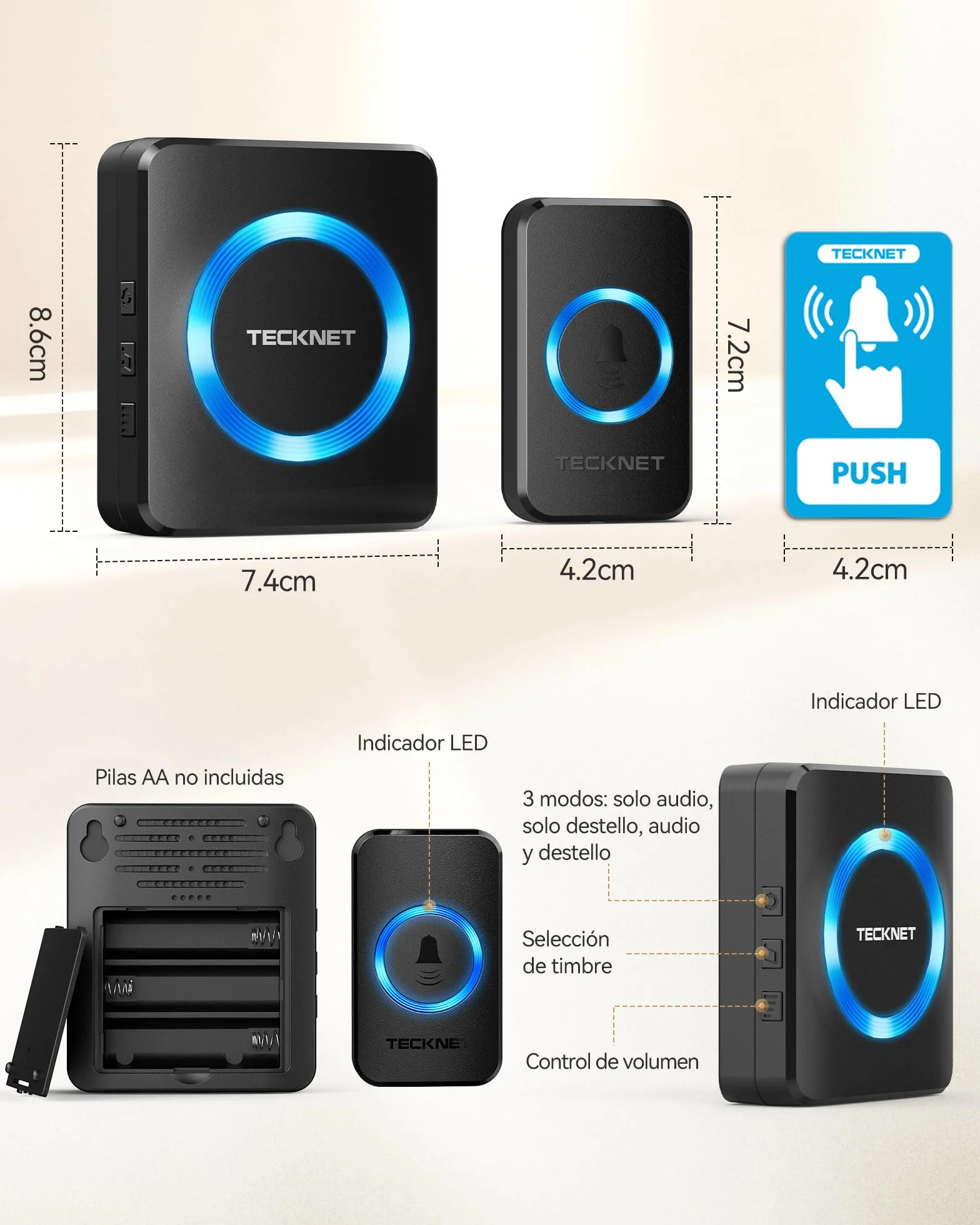 TECKNET Timbre Inalámbrico con Batería, 400 m, IP65, Resistente al Agua, 5 Niveles de Volumen, 60 Melodías