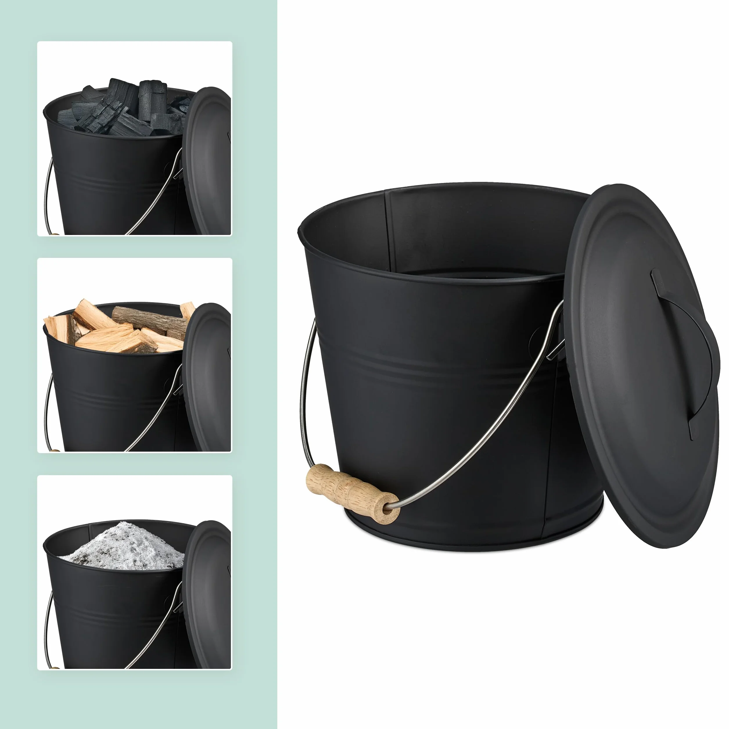 Relaxdays Cubo para Cenizas con Tapa y Set, 4,5 L, Incluye Cepillo y Recogedor, Contenedor de Carbón con Asa, Negro