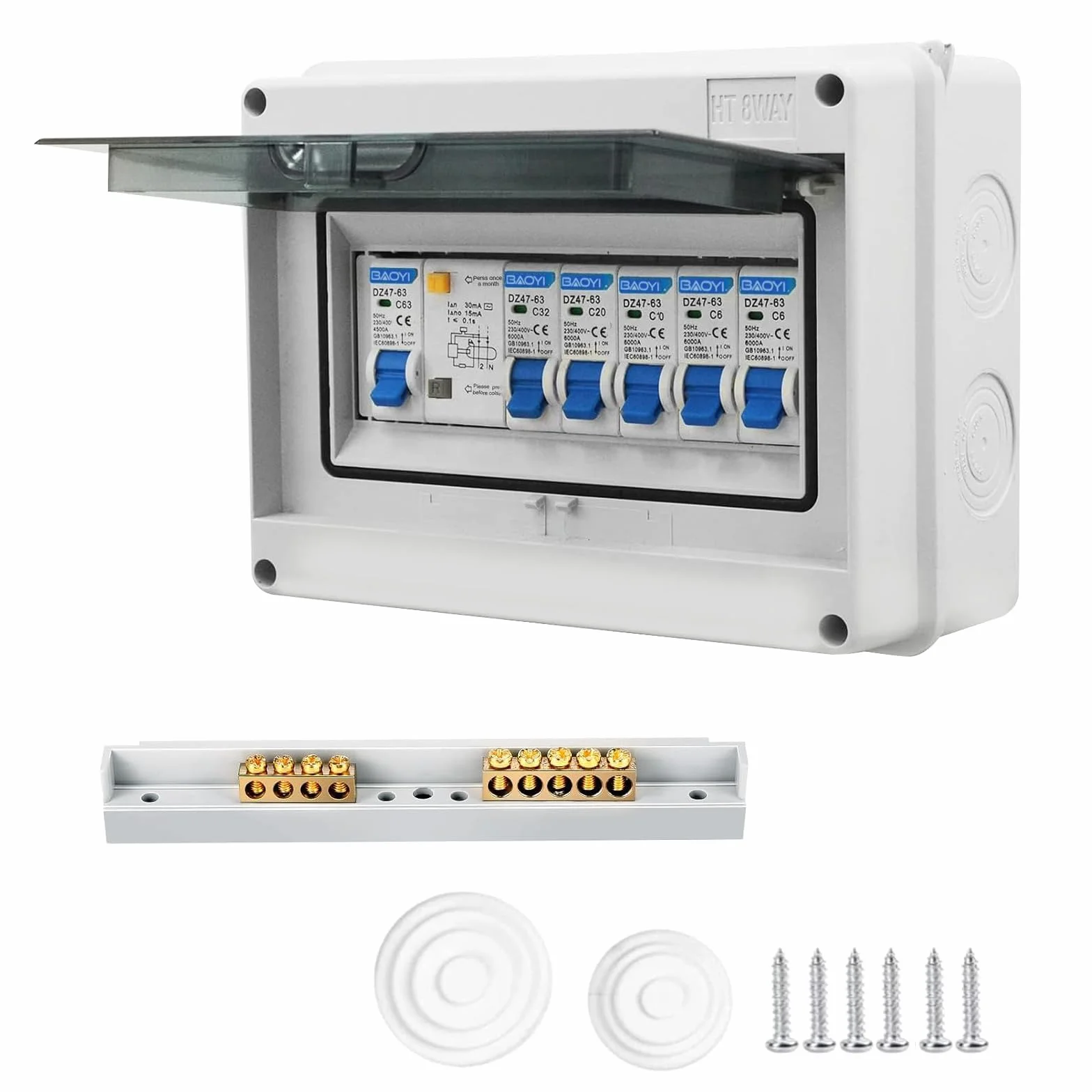 Caja de Distribución, Caja Eléctrica Impermeable IP65, Caja de Fusibles de Superficie Disyuntor de 63 A, Caja de Distribución Impermeable, Interruptor de Aire 2x6A+1x10A+1x20A+1x32A