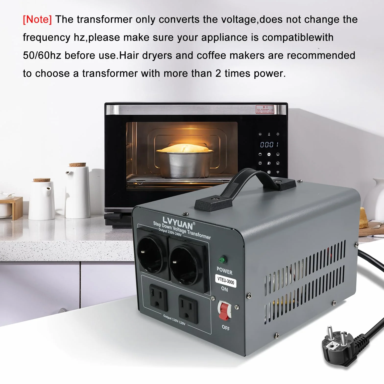 Cantonape Transformador Convertidor de Voltaje Step Down, VTEU-3000, 220V-240V a 110V-120V, con Interruptor ON/OFF, Protección de Circuito Reseteable, 2 Salidas 230V y 2 Salidas 110V