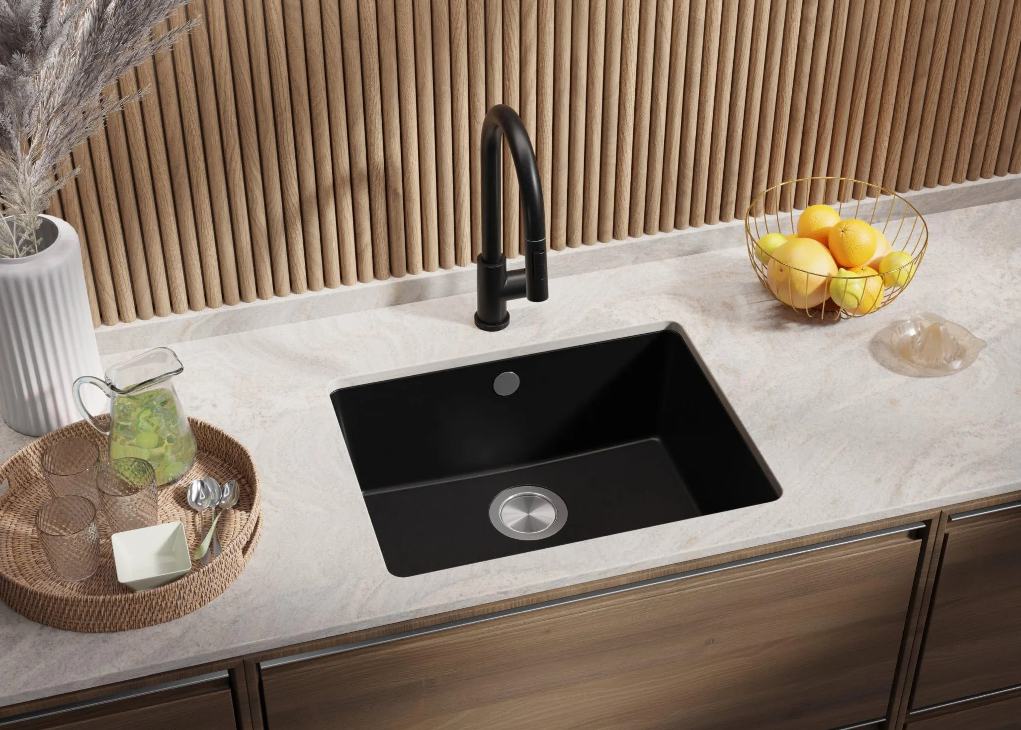 PRIMAGRAN Fregadero bajo Encimera Todo Negro 56x44cm, Cocina 1 Seno + Sifón, Granito al Mueble 60cm - Venecia Easy S067